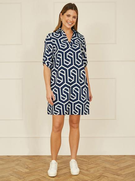 Yumi Geometric Print Tunic Dress, Navy - view 2, Navy
