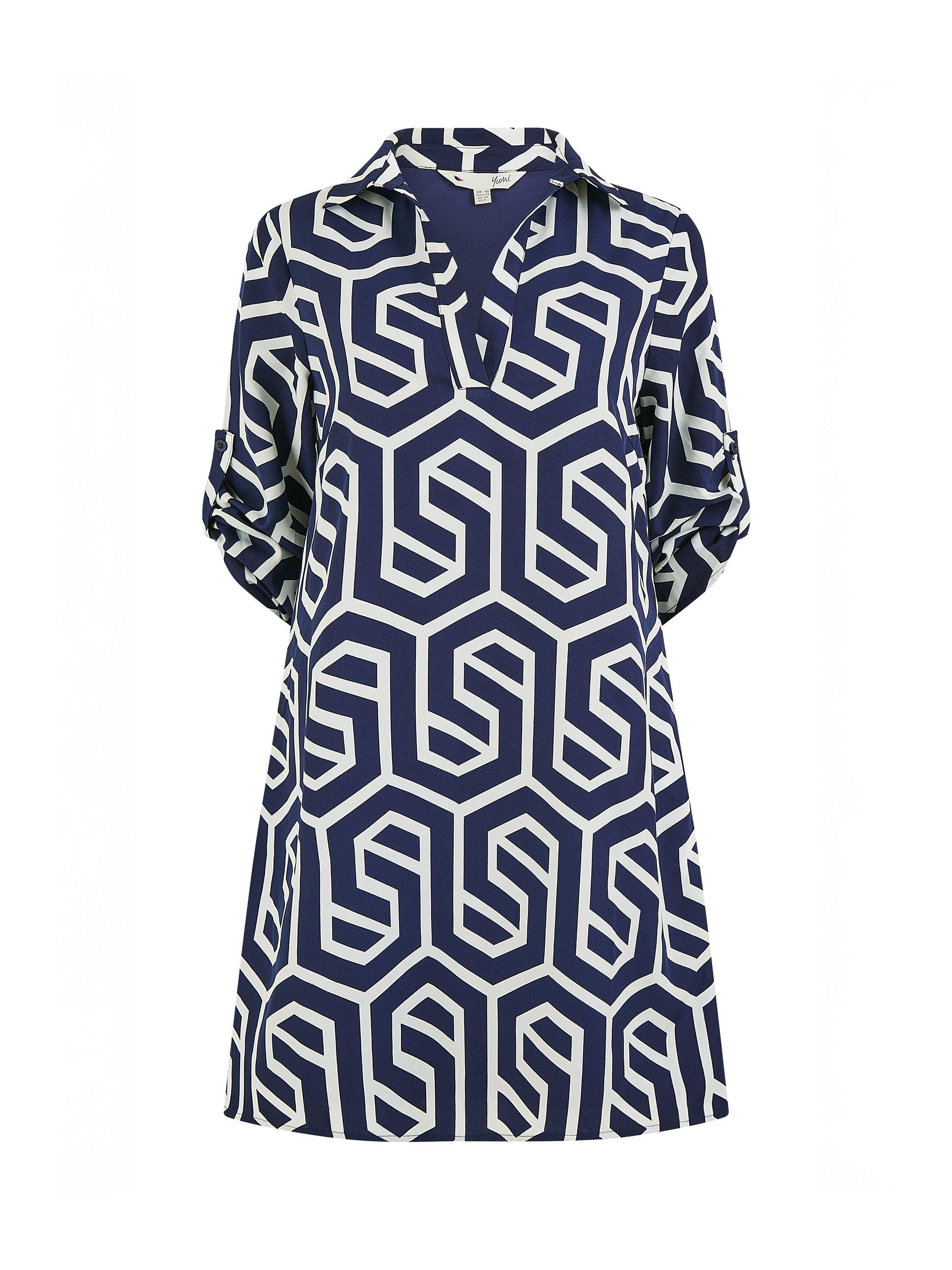Product image 5 of 5, which shows Yumi Geometric Print Tunic Dress, Navy, 8