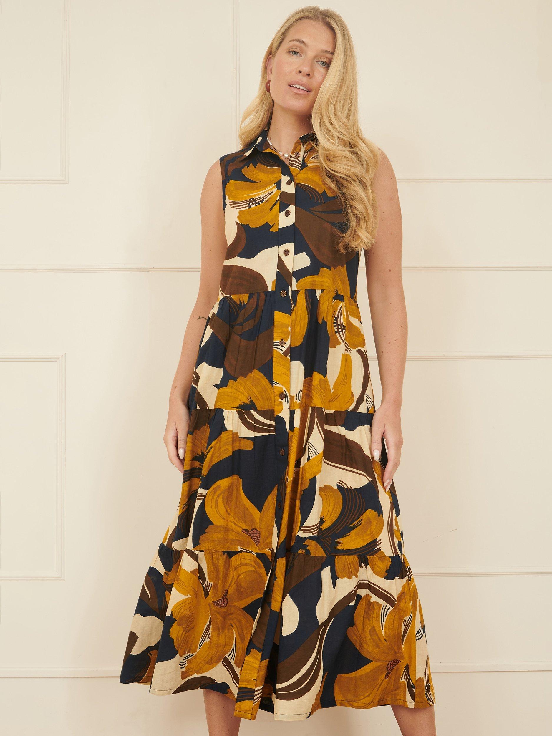 Product image 1 of 5, which shows Yumi Leaf Print Sleeveless Shirt Dress, Navy, 8