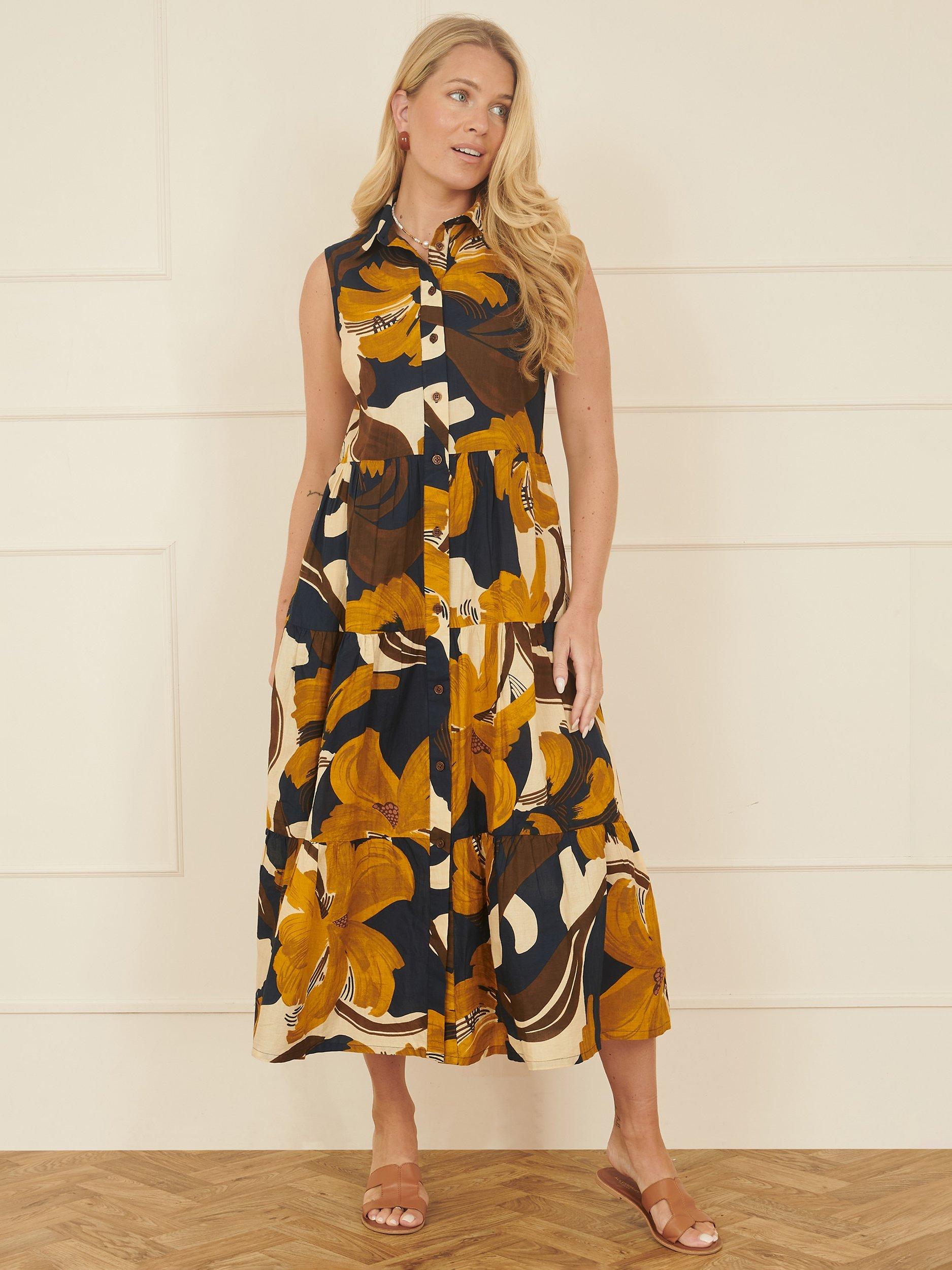 Product image 2 of 5, which shows Yumi Leaf Print Sleeveless Shirt Dress, Navy, 8