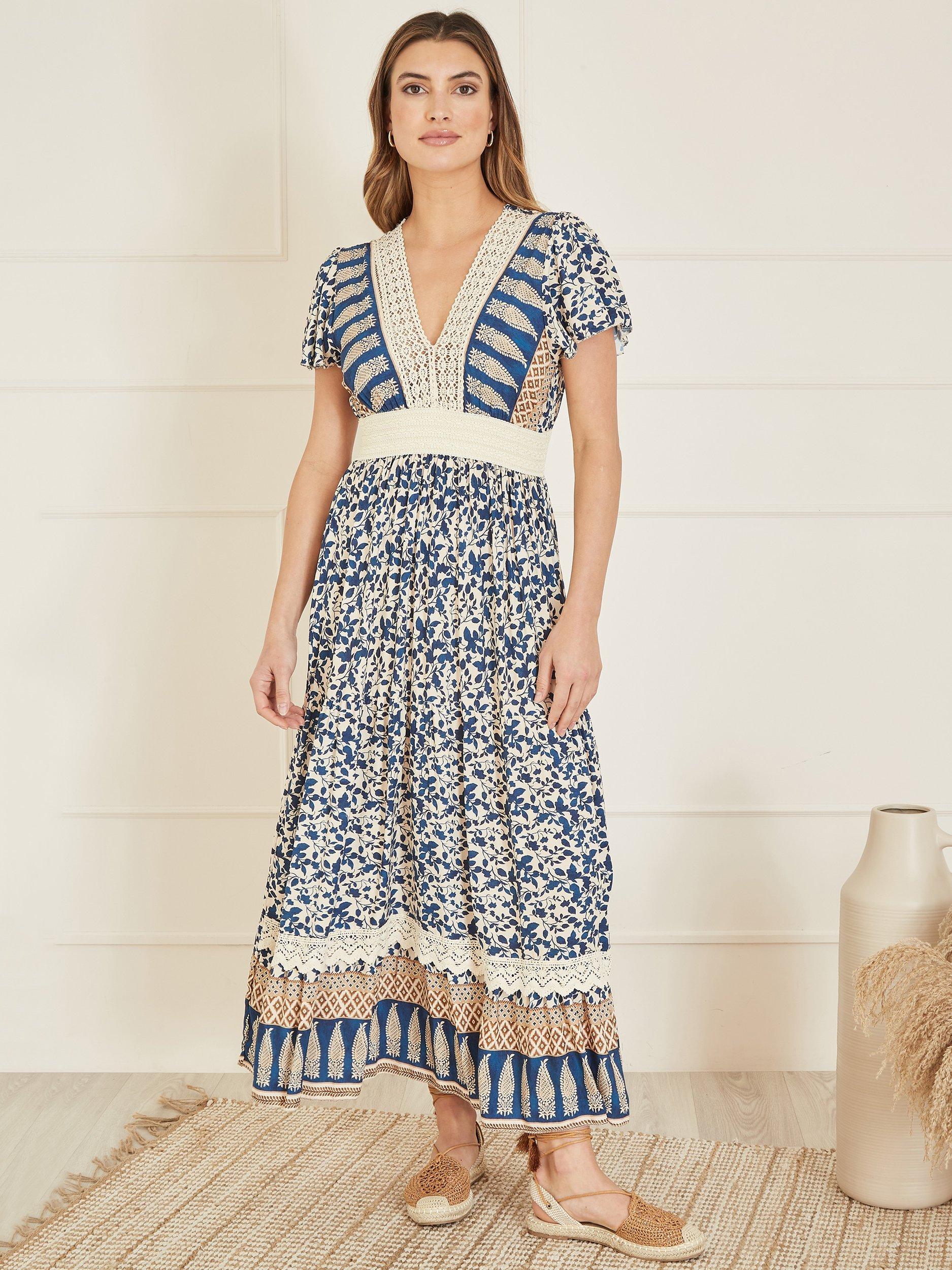 Product image 1 of 4, which shows Yumi Leaf Print Lace Trim Maxi Dress, Blue/Multi, 8