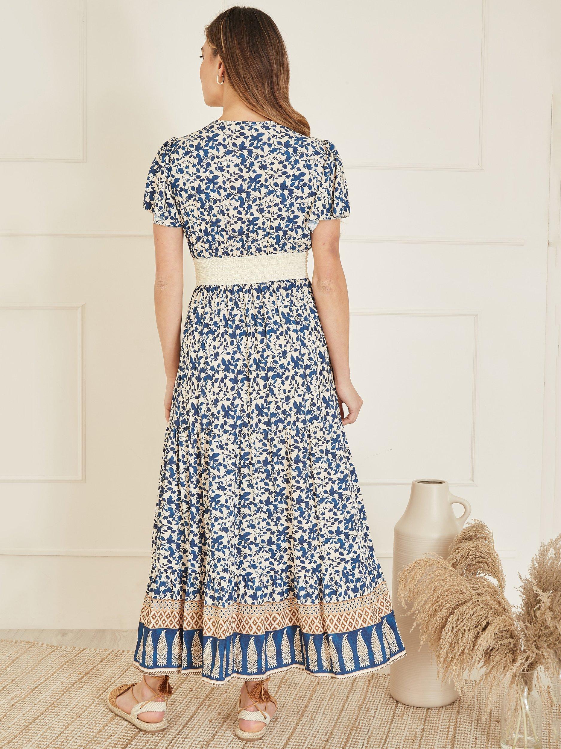 Product image 3 of 4, which shows Yumi Leaf Print Lace Trim Maxi Dress, Blue/Multi, 8