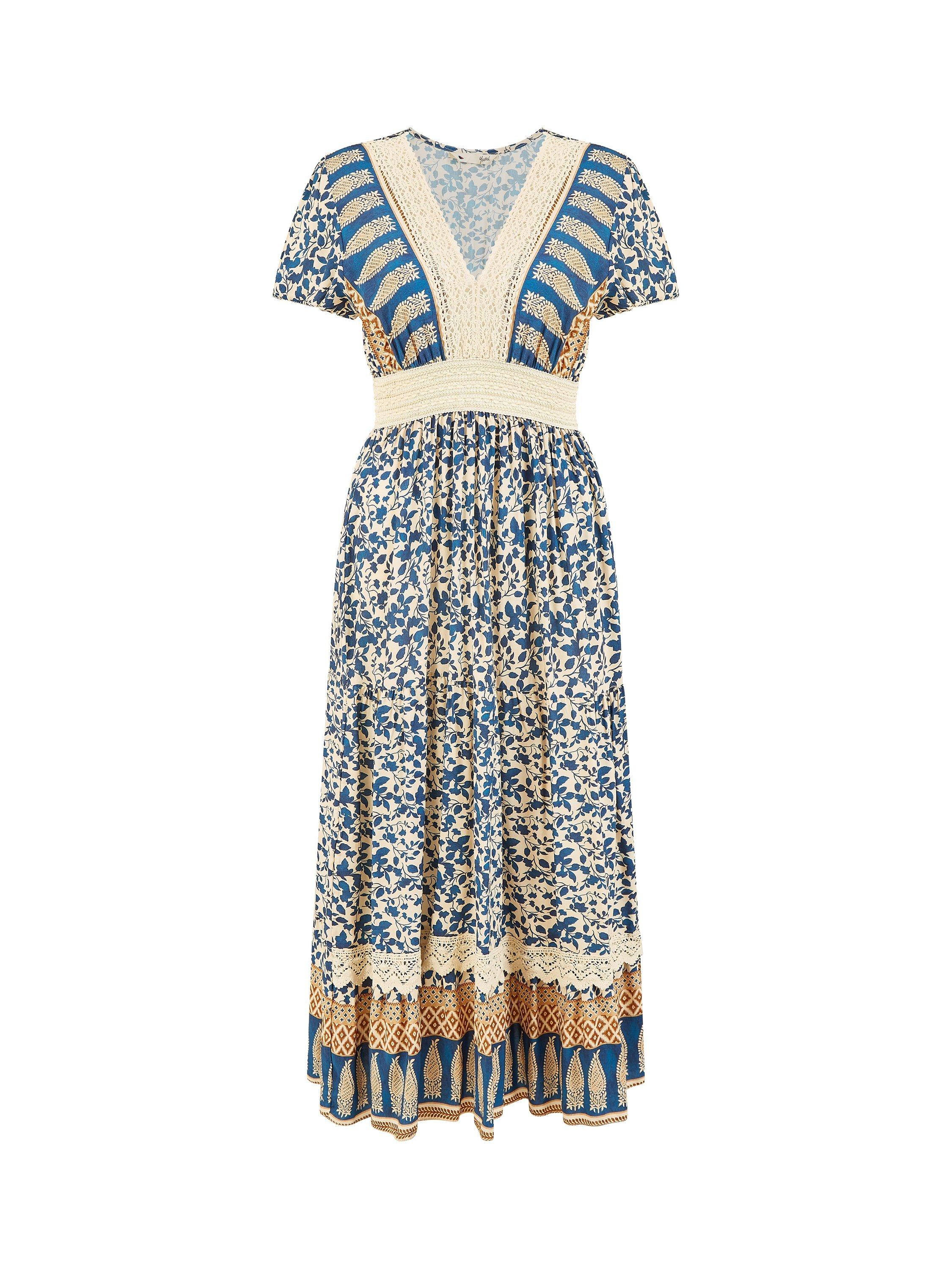 Product image 4 of 4, which shows Yumi Leaf Print Lace Trim Maxi Dress, Blue/Multi, 8