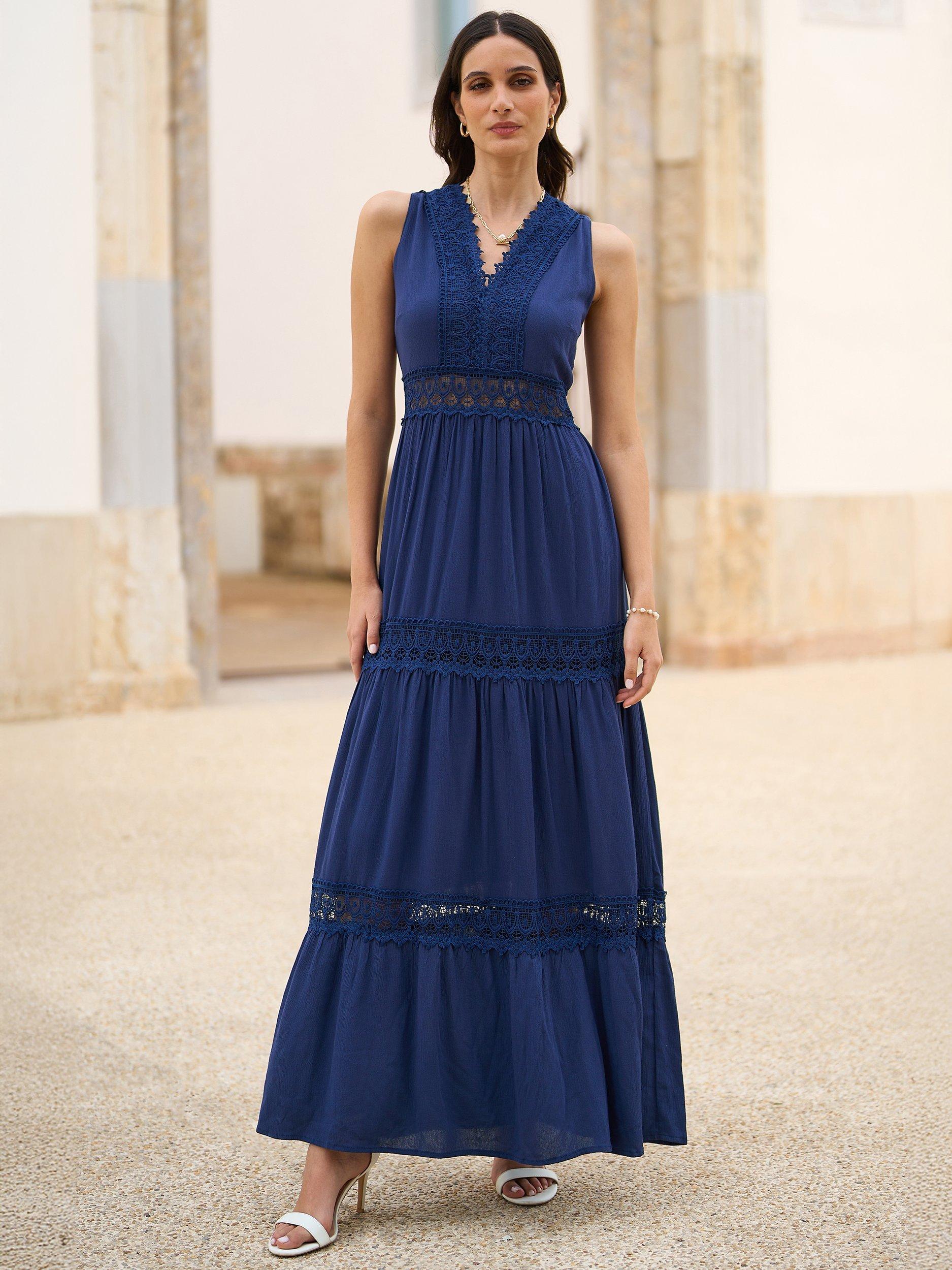 Product image 1 of 5, which shows Yumi Lace Trim Cotton Maxi Sundress, Navy, S