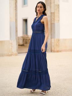 Yumi Lace Trim Cotton Maxi Sundress - view 2, Navy