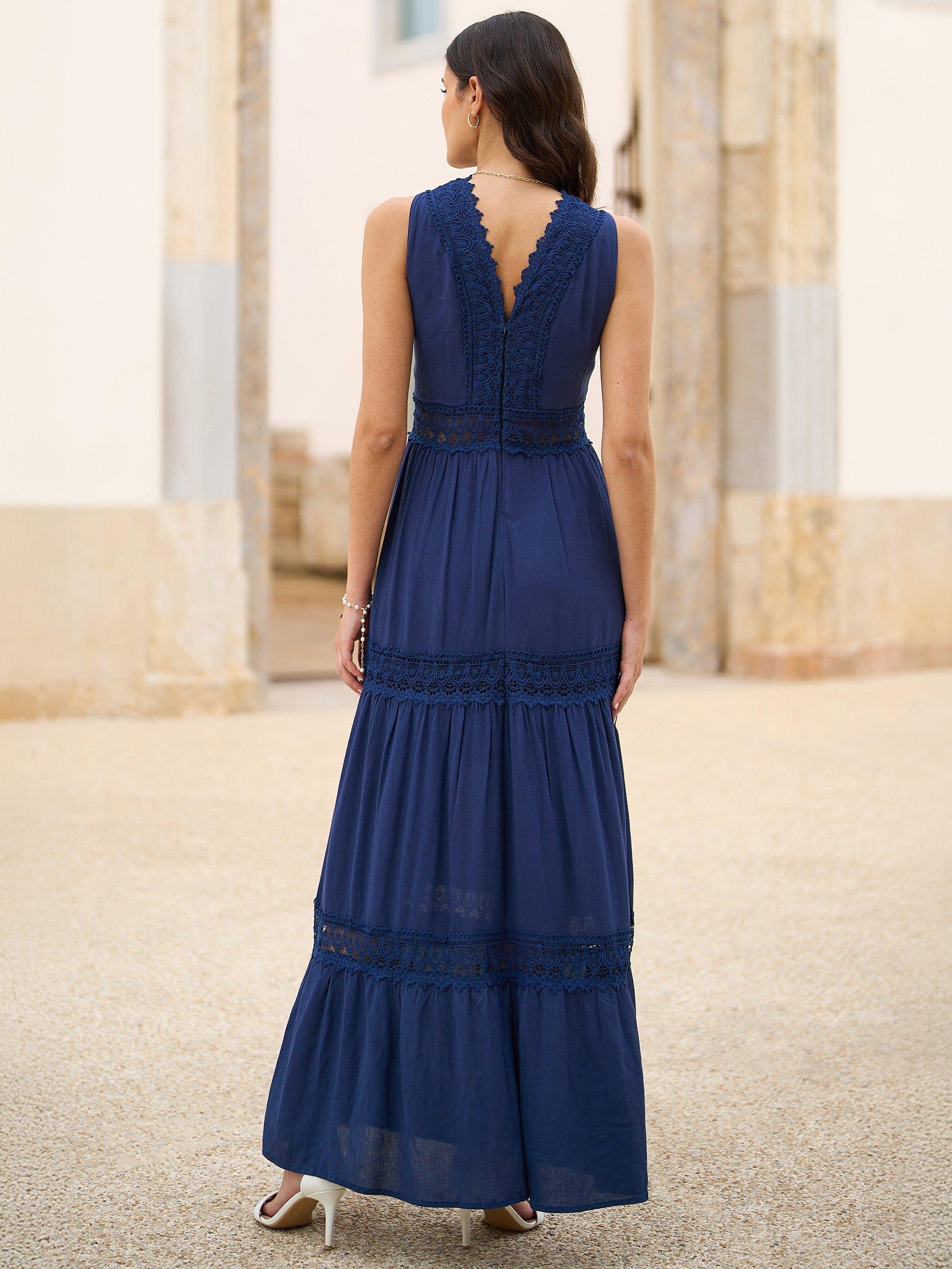 Product image 4 of 5, which shows Yumi Lace Trim Cotton Maxi Sundress, Navy, S