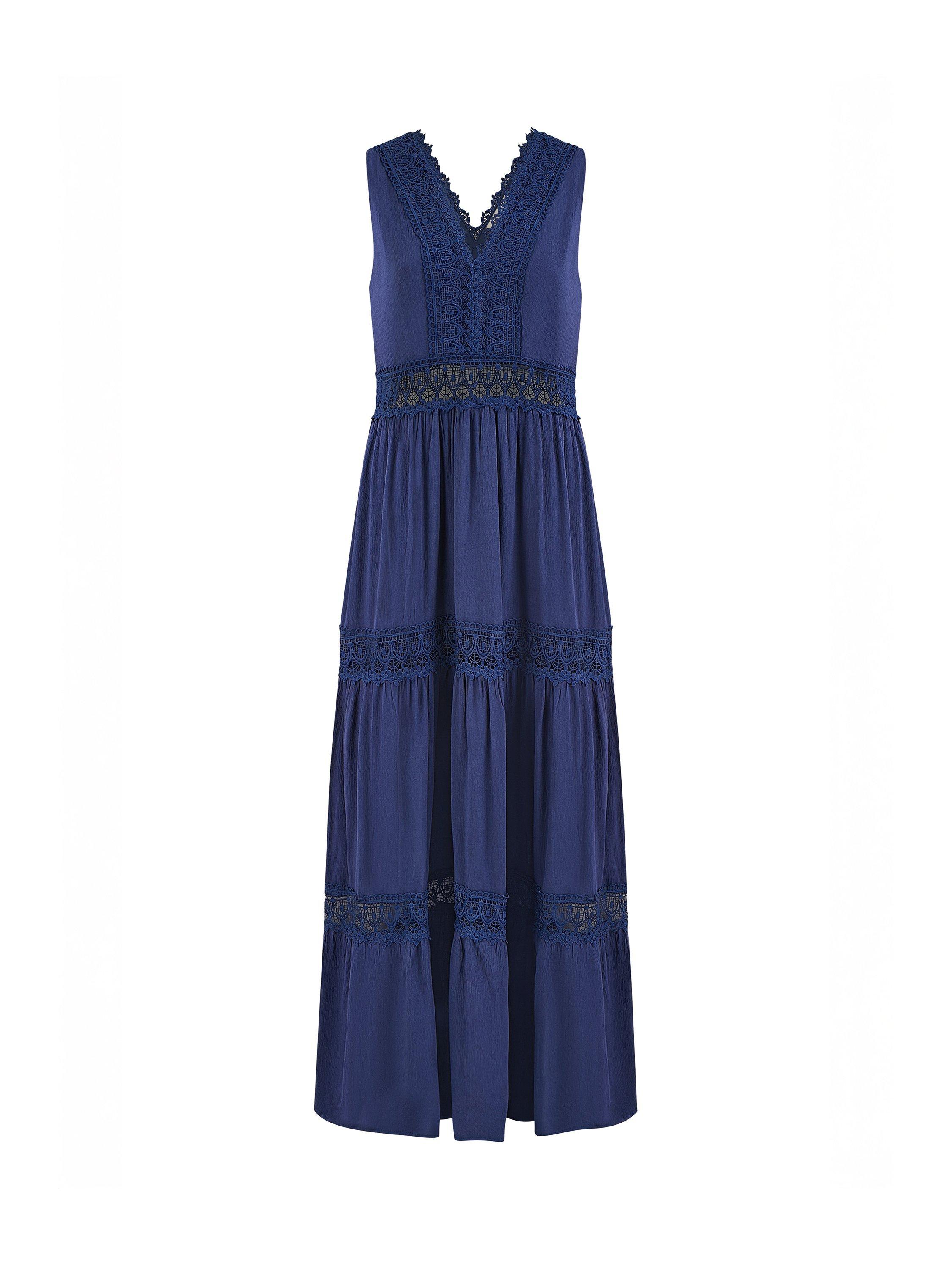 Product image 5 of 5, which shows Yumi Lace Trim Cotton Maxi Sundress, Navy, S
