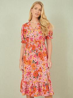 Yumi Floral Frill Hem Midi Dress, Pink, Pink
