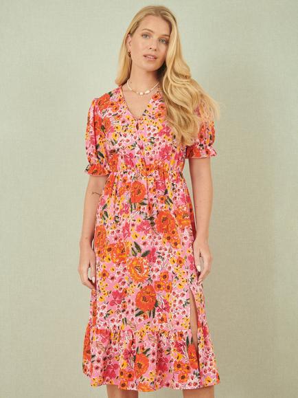 Yumi Floral Frill Hem Midi Dress, Pink, Pink
