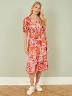 Yumi Floral Frill Hem Midi Dress, Pink - view 2, Pink