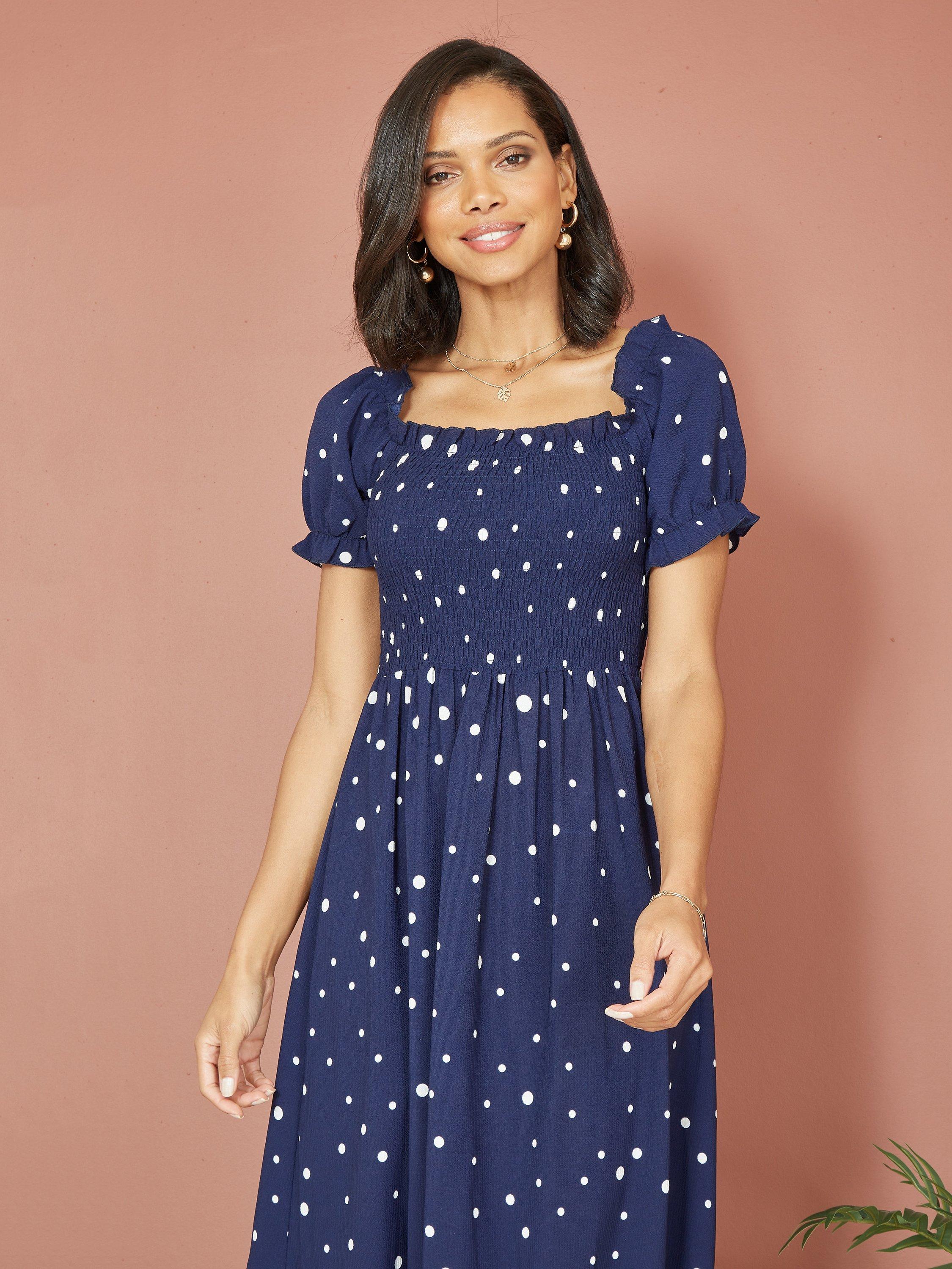 Product image 2 of 4, which shows Yumi Spot Floral Border Midi Dress, Navy, 8