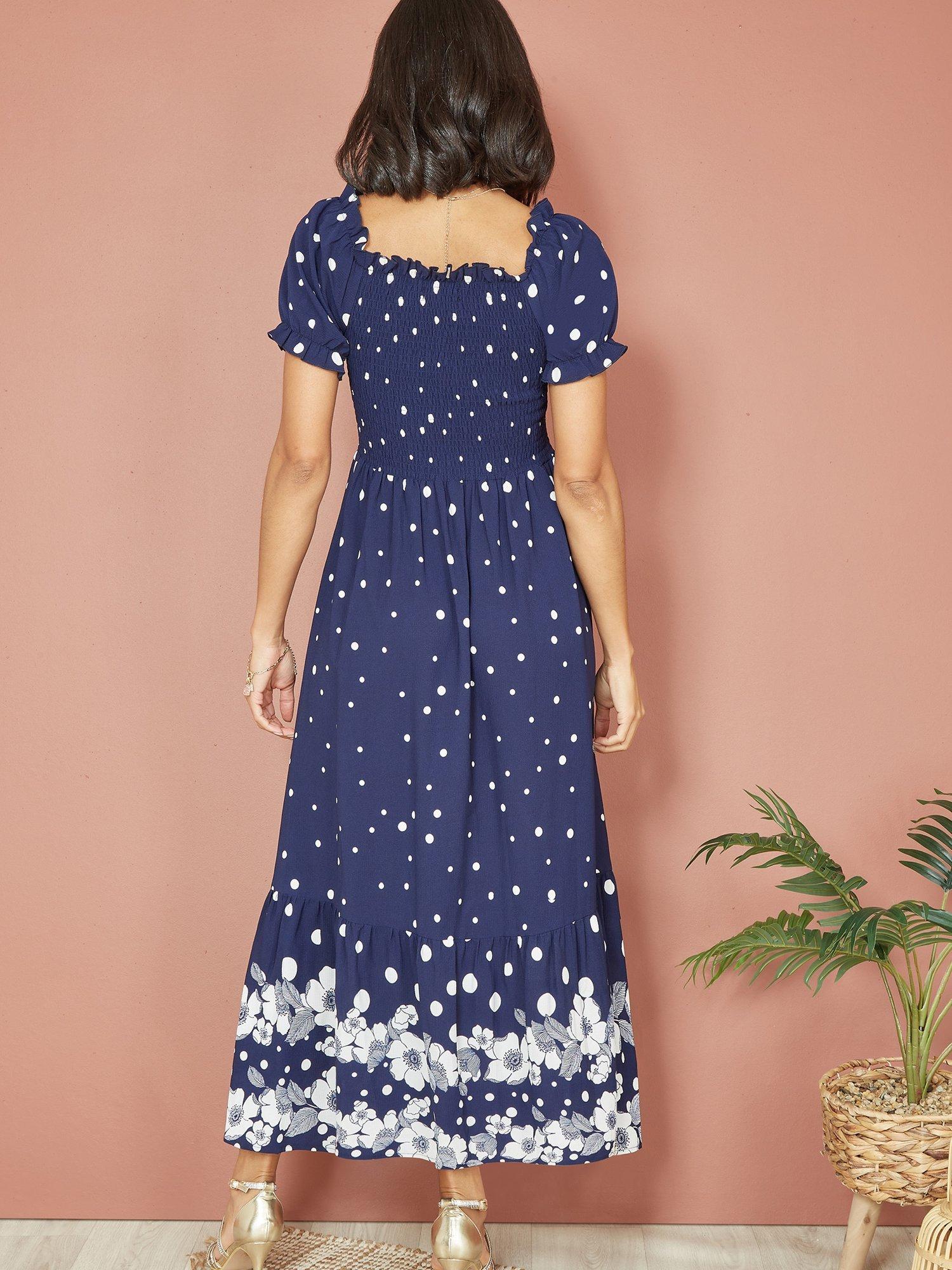 Product image 3 of 4, which shows Yumi Spot Floral Border Midi Dress, Navy, 8