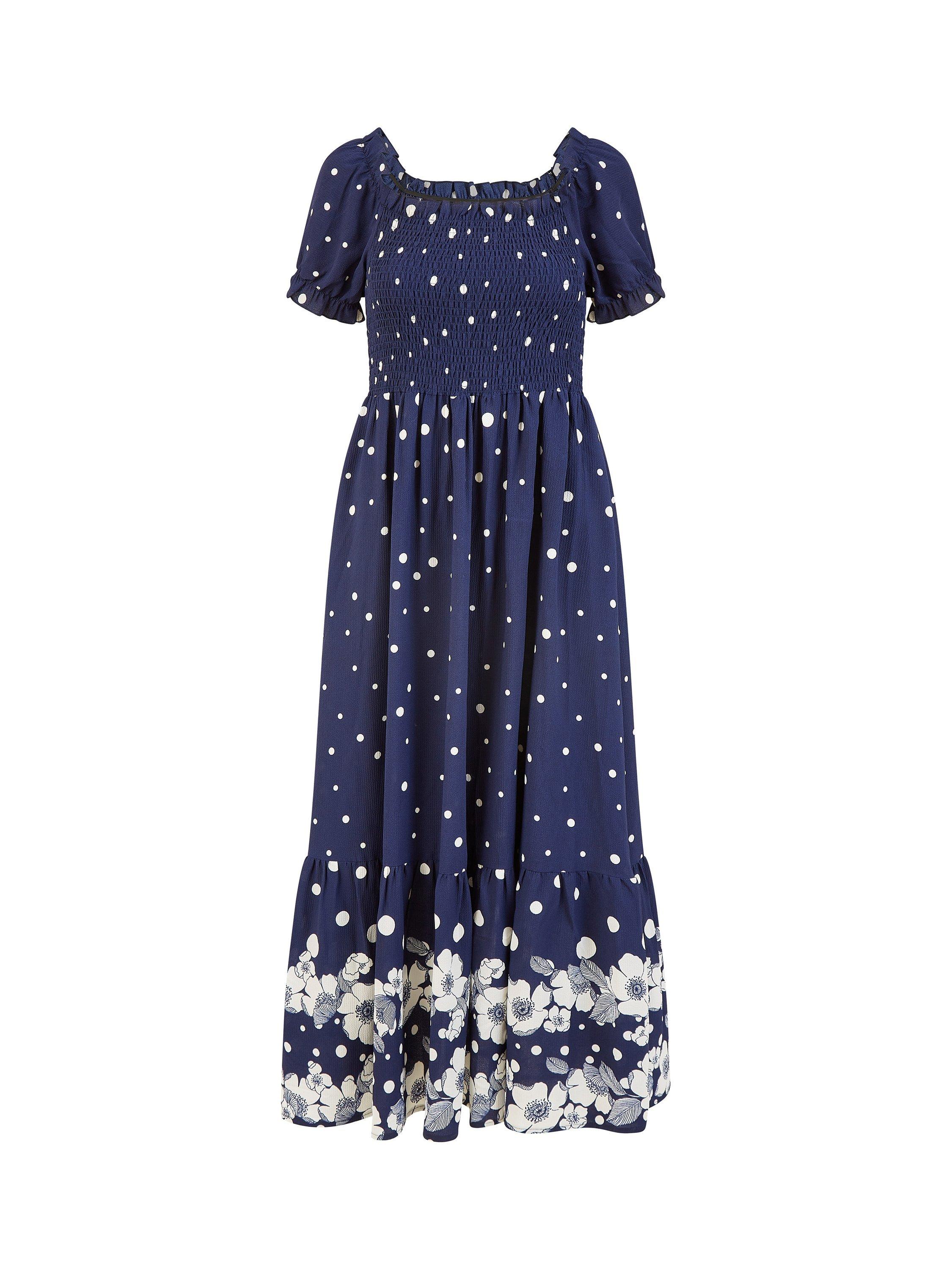 Product image 4 of 4, which shows Yumi Spot Floral Border Midi Dress, Navy, 8