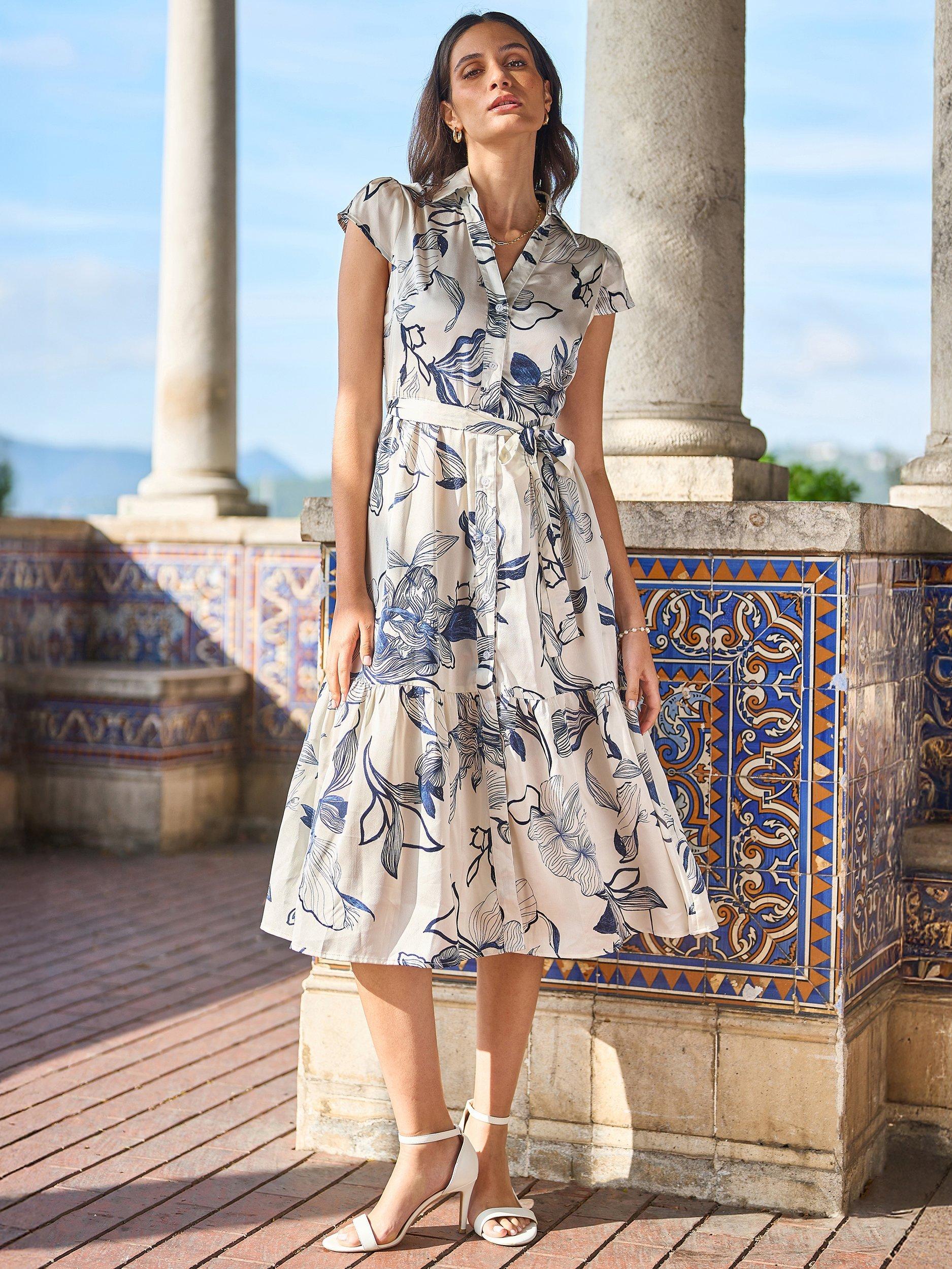Product image 2 of 7, which shows Yumi Abstract Floral Midi Shirt Dress, Ivory, 8