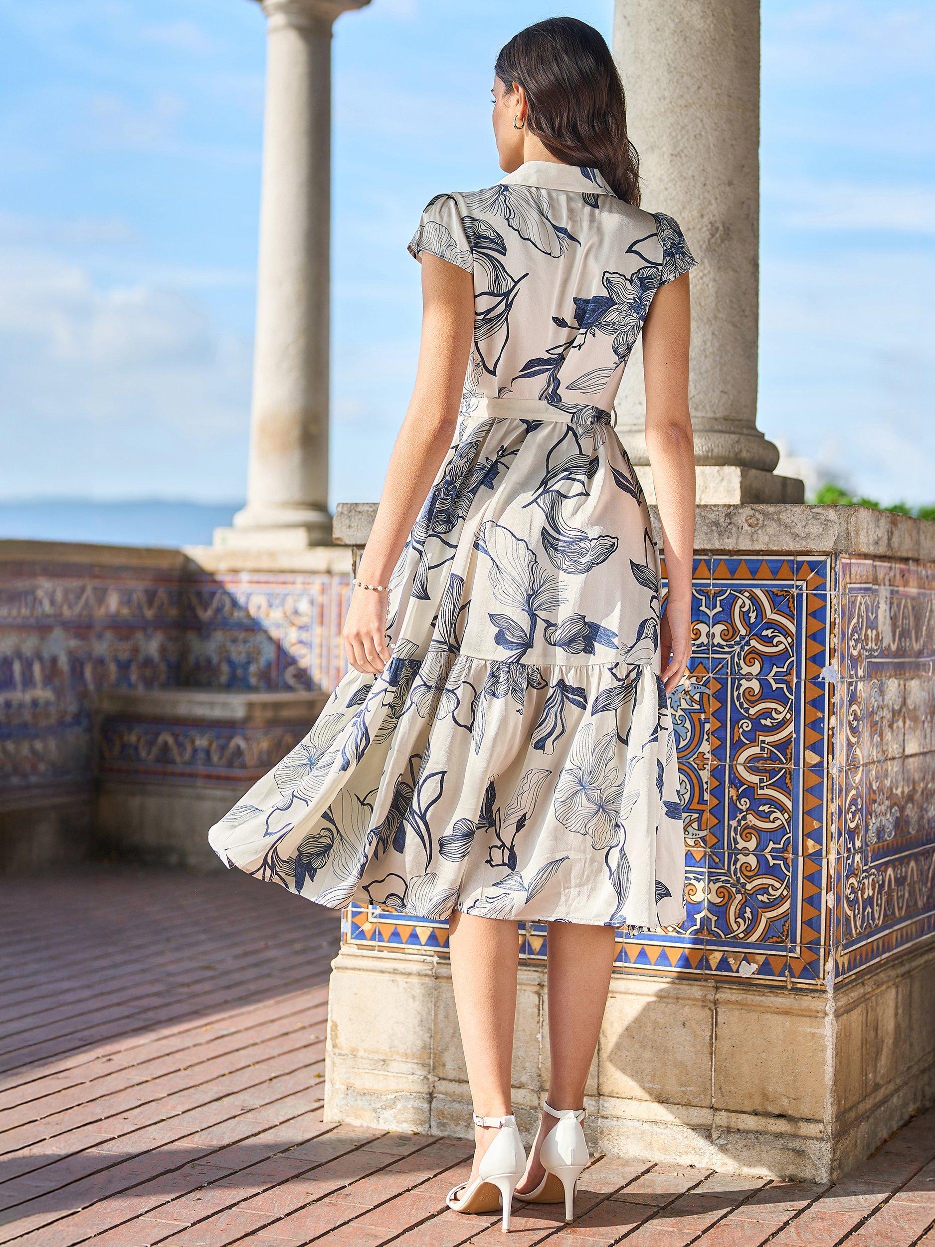 Product image 6 of 7, which shows Yumi Abstract Floral Midi Shirt Dress, Ivory, 8