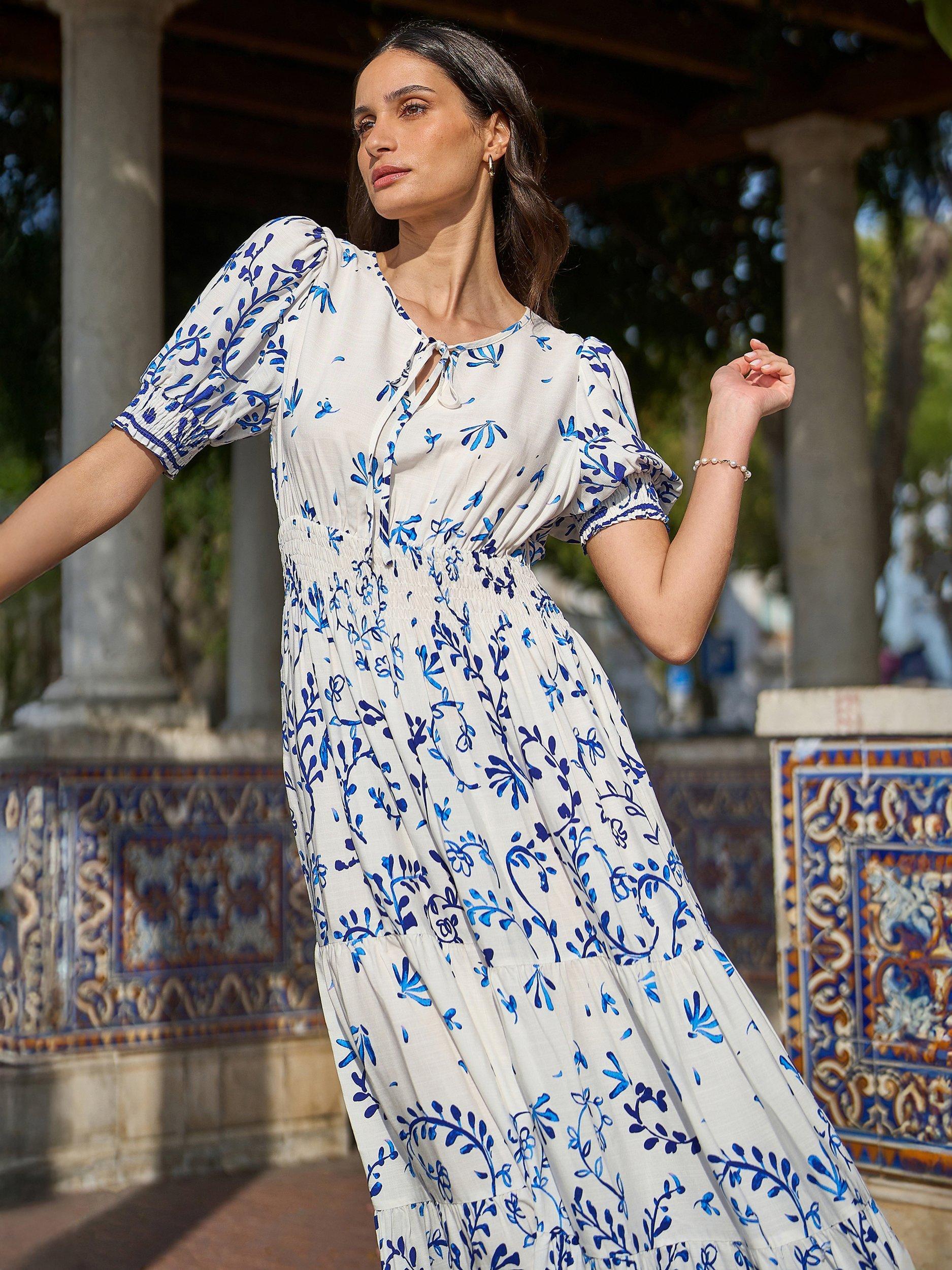 Product image 1 of 6, which shows Yumi Border Print Maxi Dress, Ivory, 8