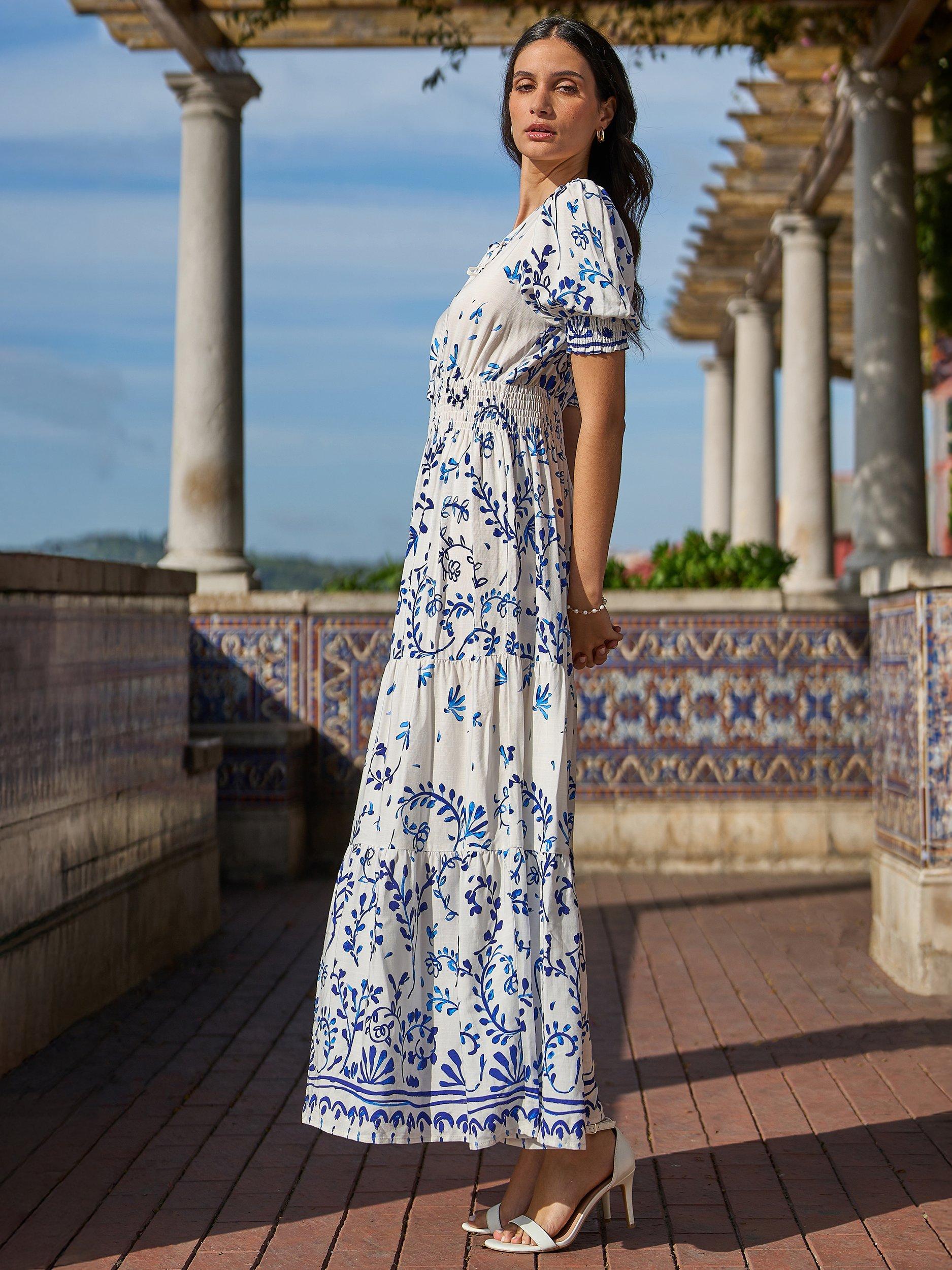 Product image 2 of 6, which shows Yumi Border Print Maxi Dress, Ivory, 8