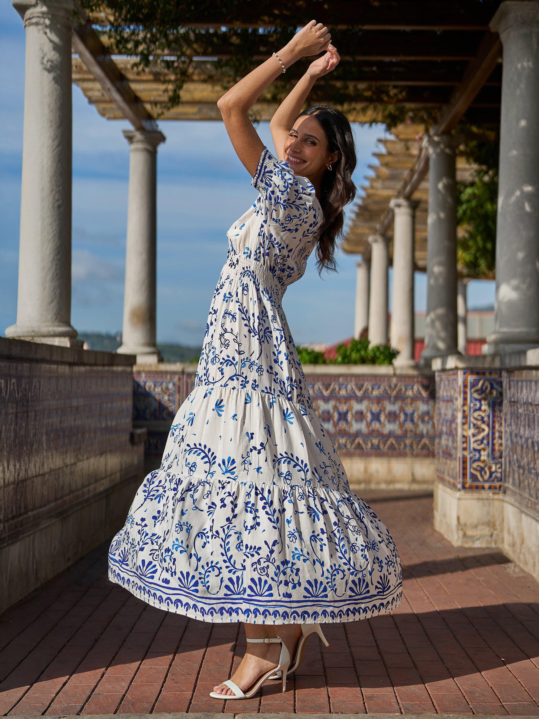 Product image 3 of 6, which shows Yumi Border Print Maxi Dress, Ivory, 8