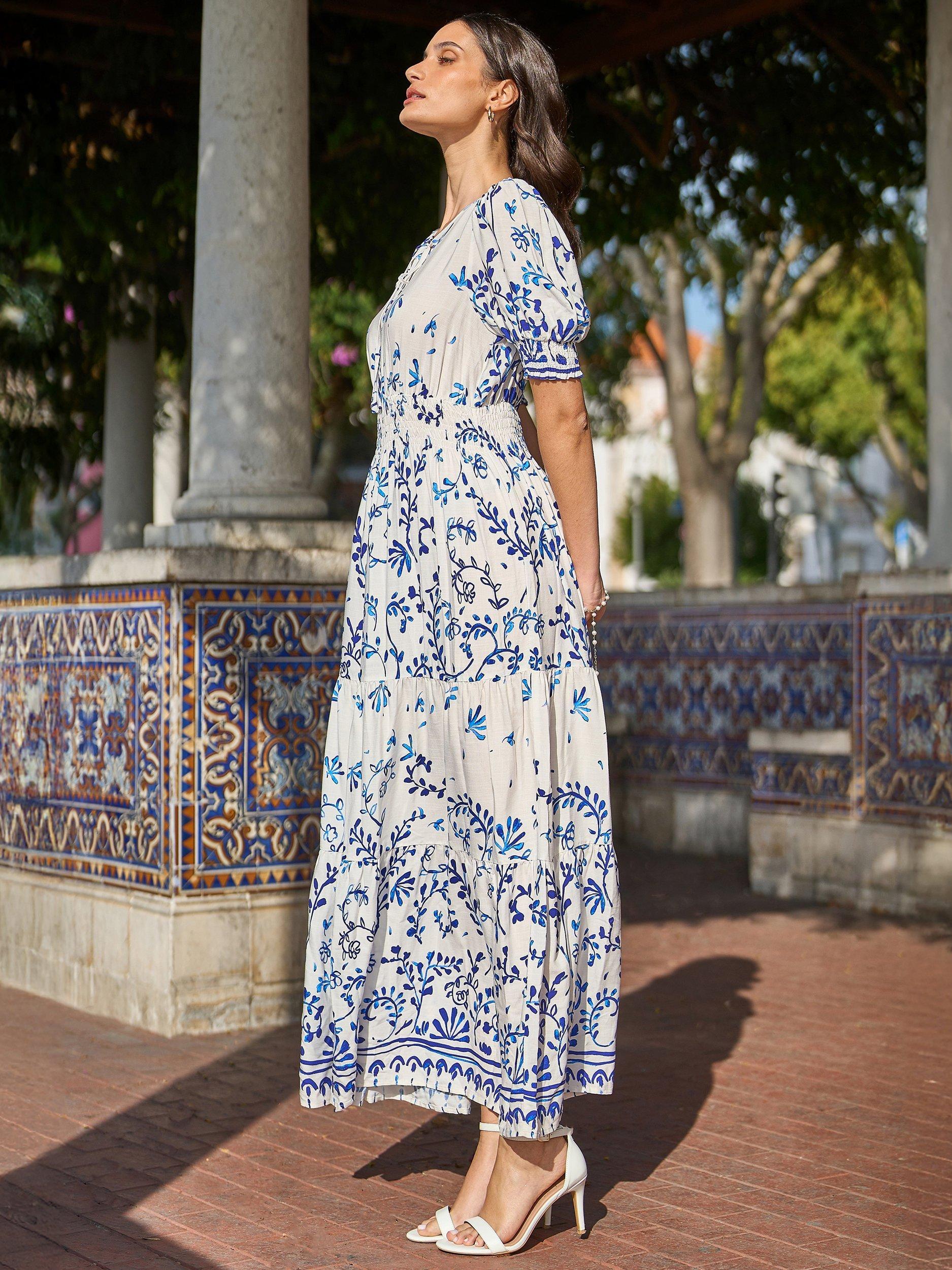 Product image 4 of 6, which shows Yumi Border Print Maxi Dress, Ivory, 8