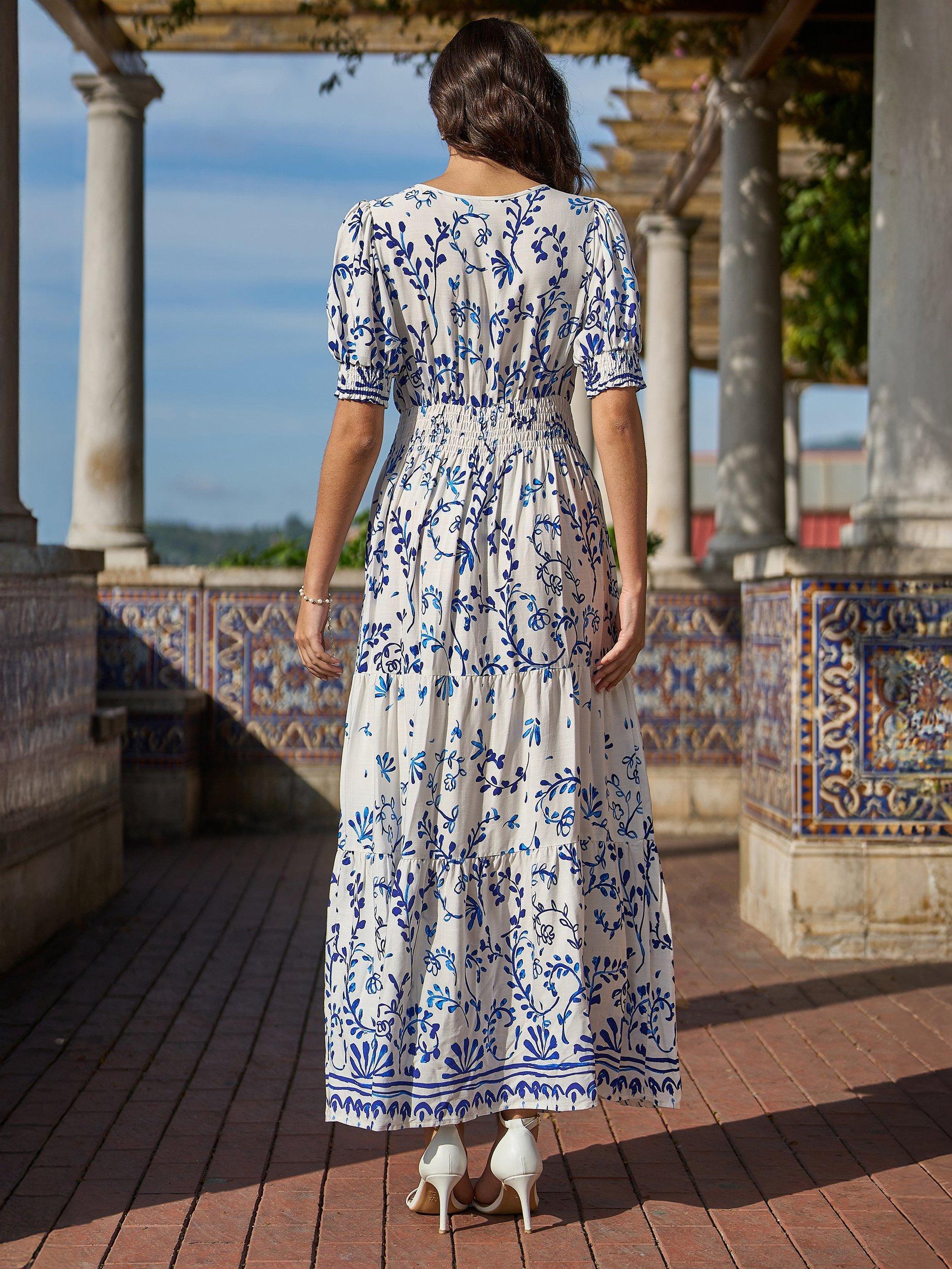 Product image 5 of 6, which shows Yumi Border Print Maxi Dress, Ivory, 8