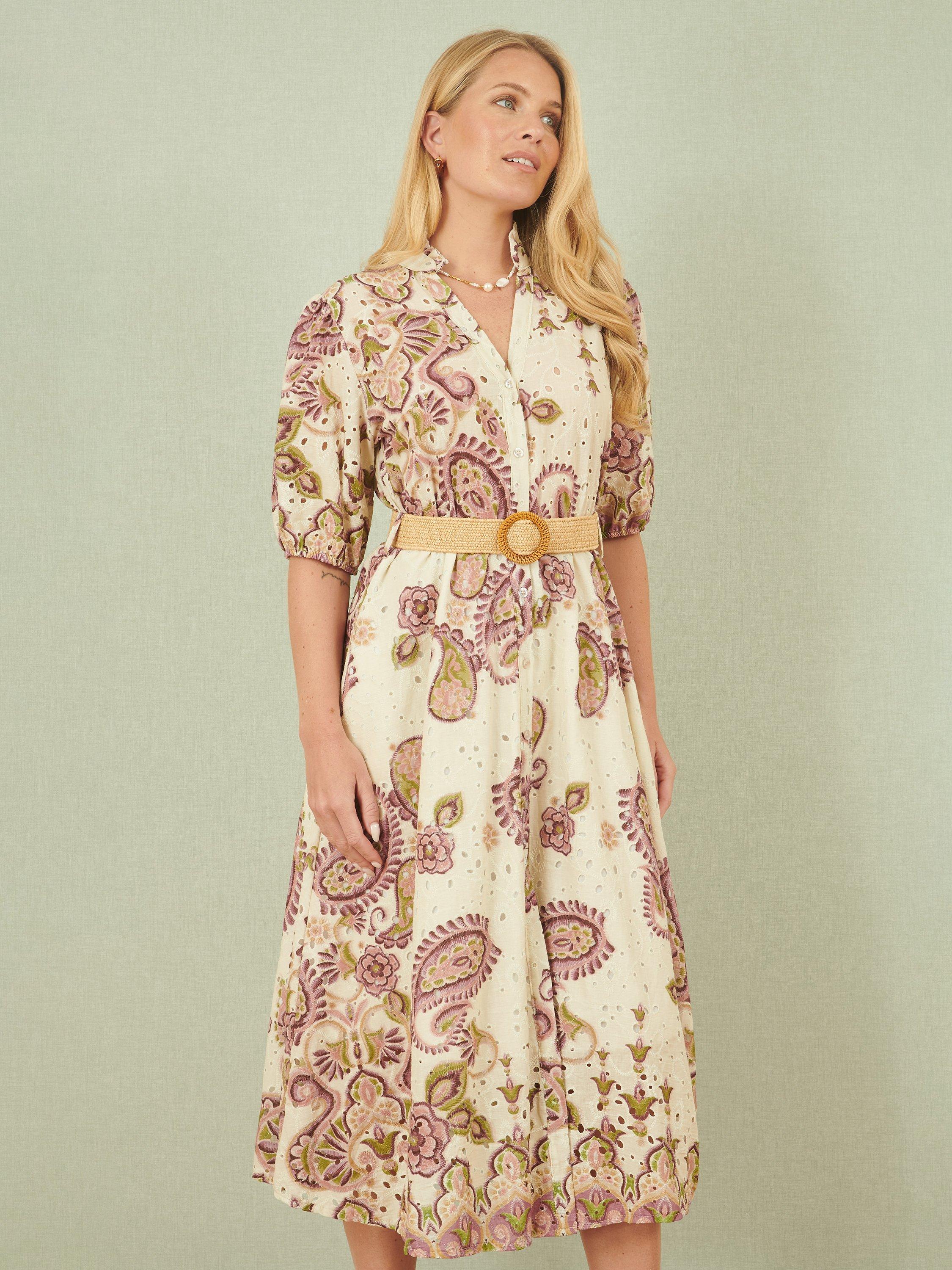 Product image 1 of 5, which shows Yumi Paisley Broderie Angalise Shirt Dress, Pink, S