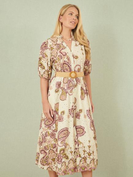 Yumi Paisley Broderie Angalise Shirt Dress, Pink, Pink