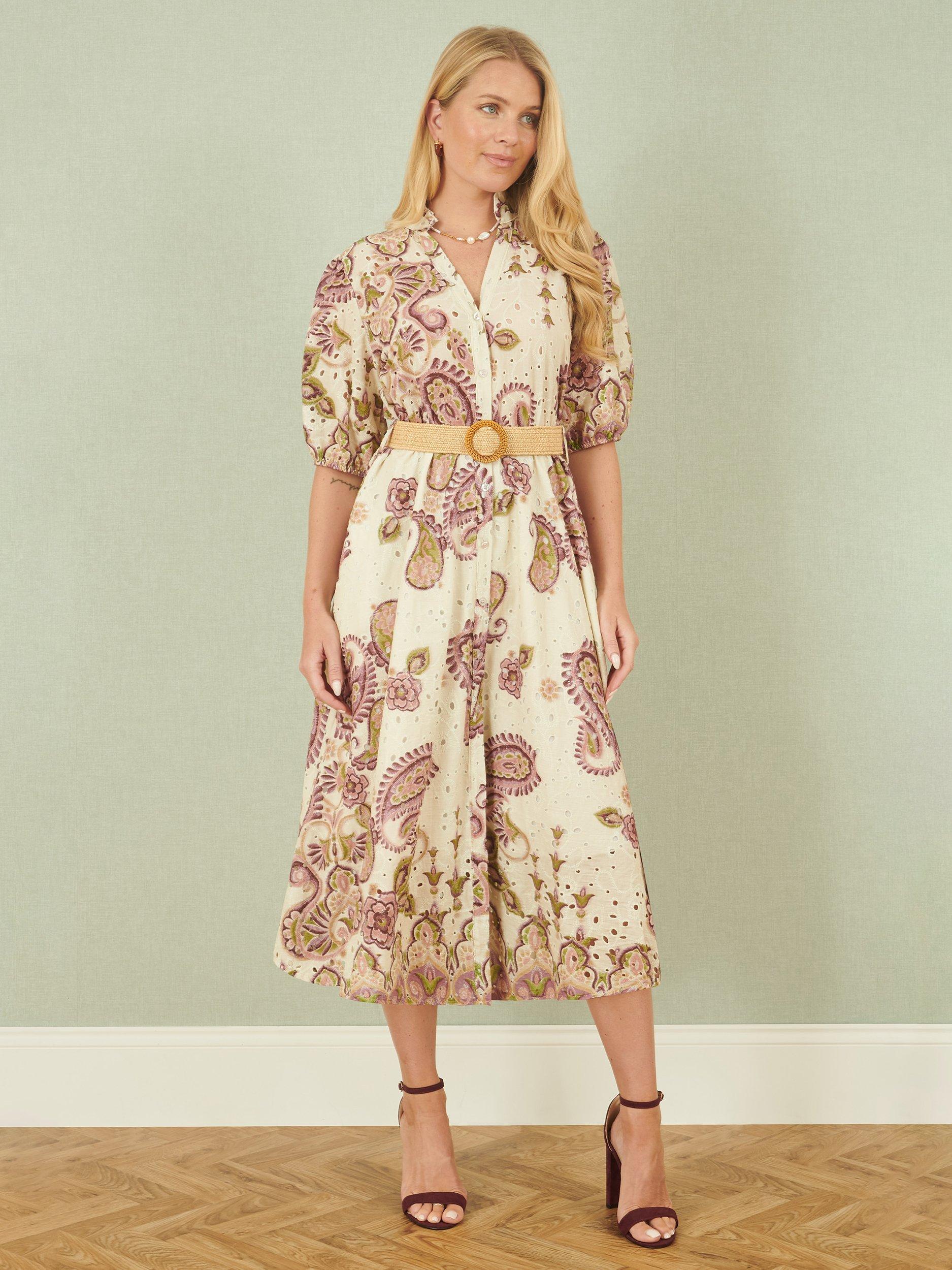 Product image 2 of 5, which shows Yumi Paisley Broderie Angalise Shirt Dress, Pink, S
