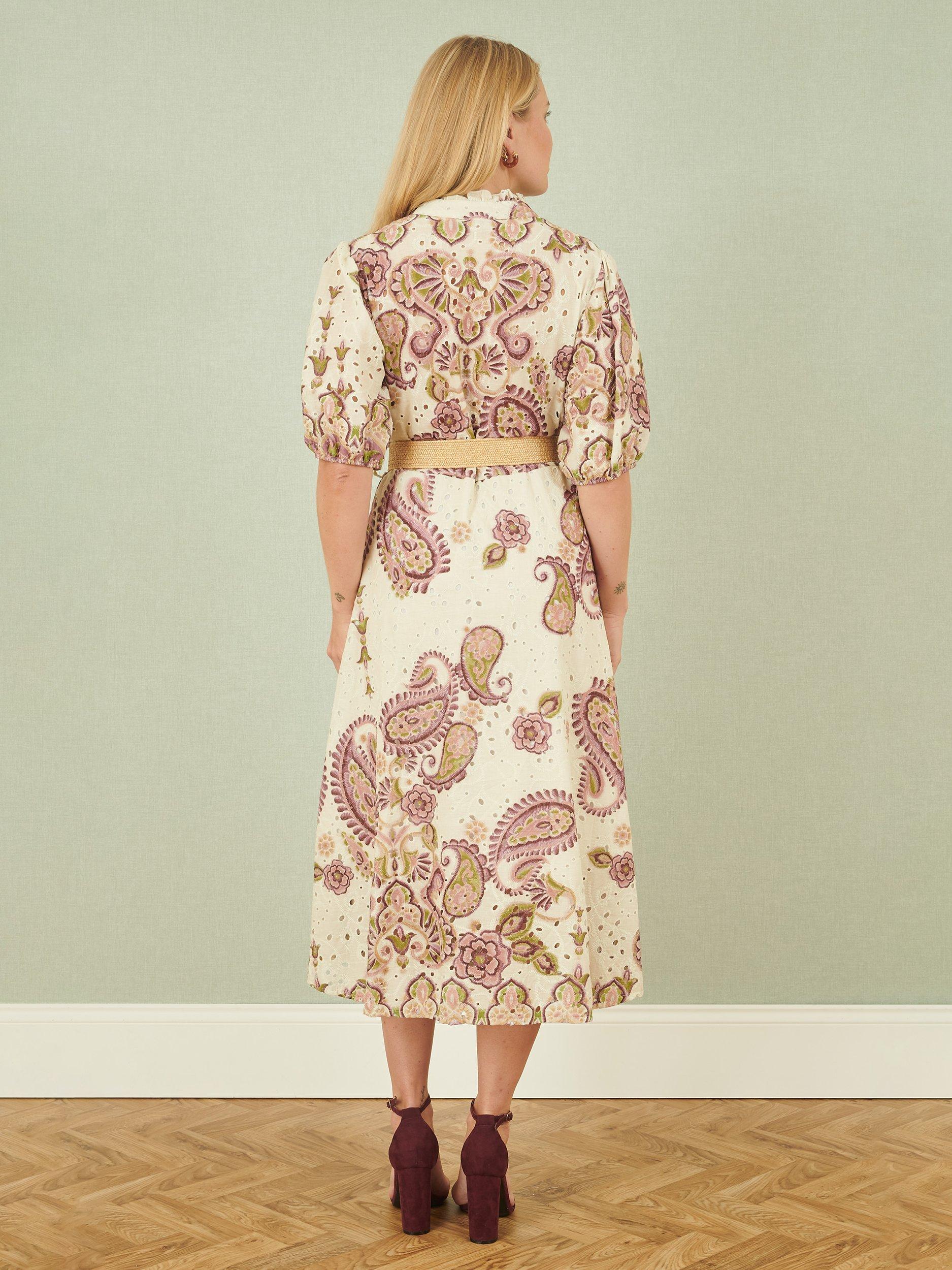 Product image 4 of 5, which shows Yumi Paisley Broderie Angalise Shirt Dress, Pink, S