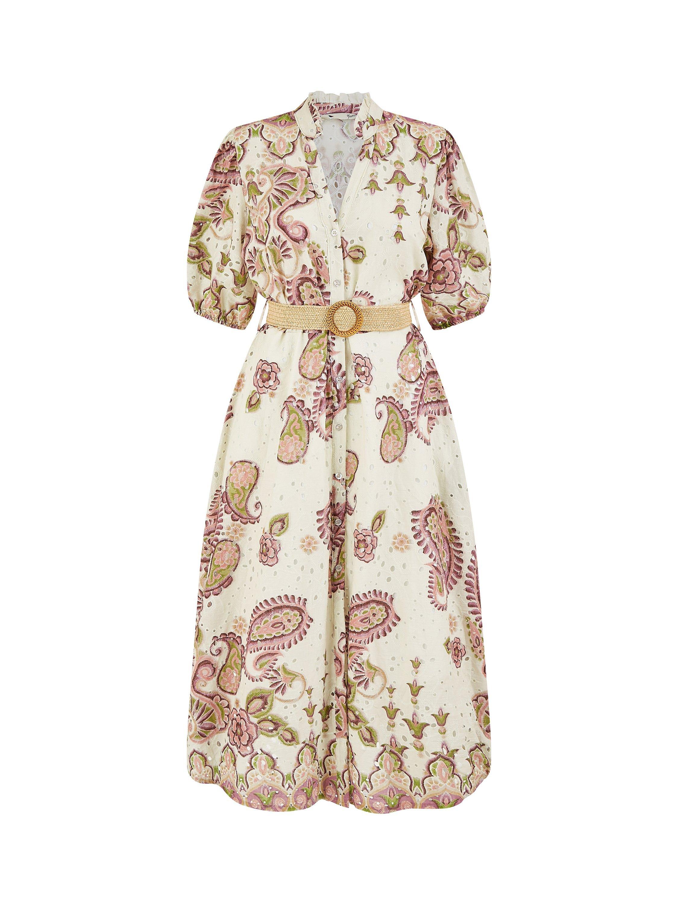 Product image 5 of 5, which shows Yumi Paisley Broderie Angalise Shirt Dress, Pink, S