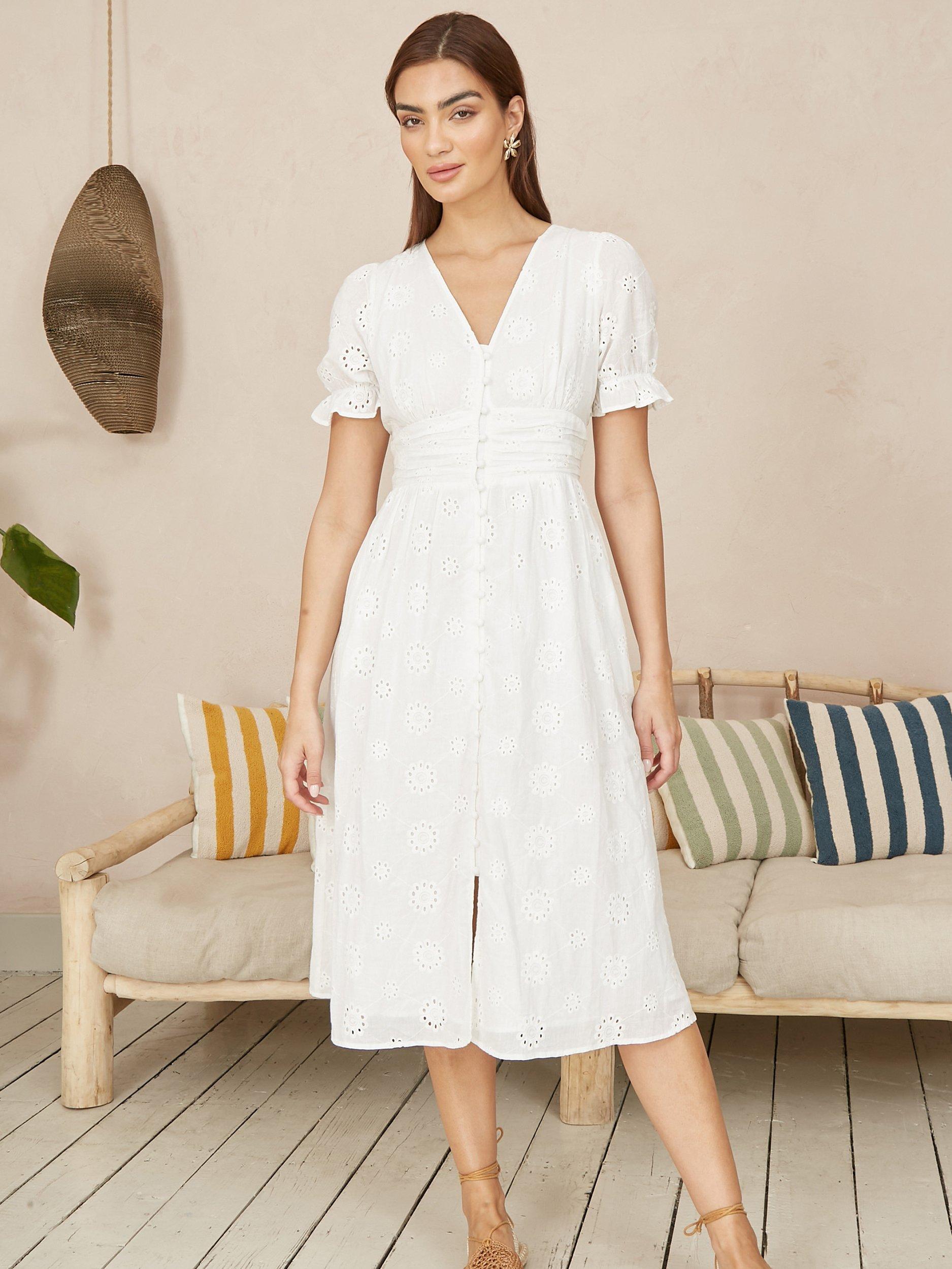 Product image 2 of 5, which shows Yumi Broderie Anglaise Midi Dress, White, 8
