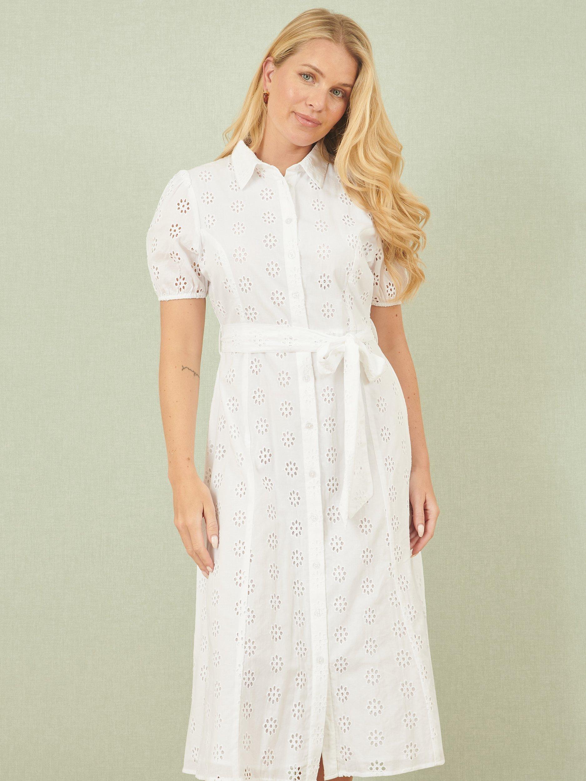 Product image 1 of 6, which shows Yumi Broderie Anglaise Shirt Dress, White, 8