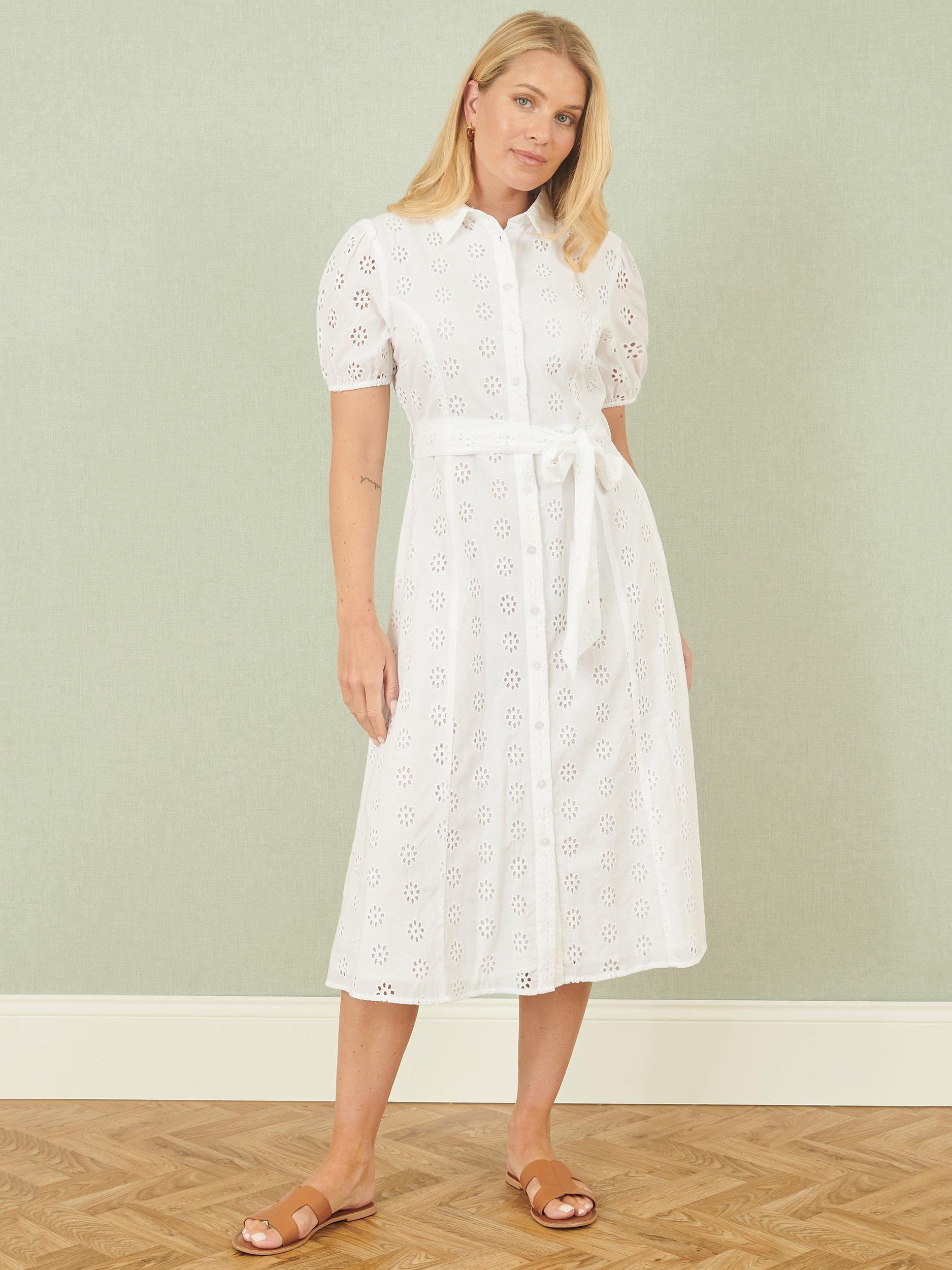 Product image 2 of 6, which shows Yumi Broderie Anglaise Shirt Dress, White, 8