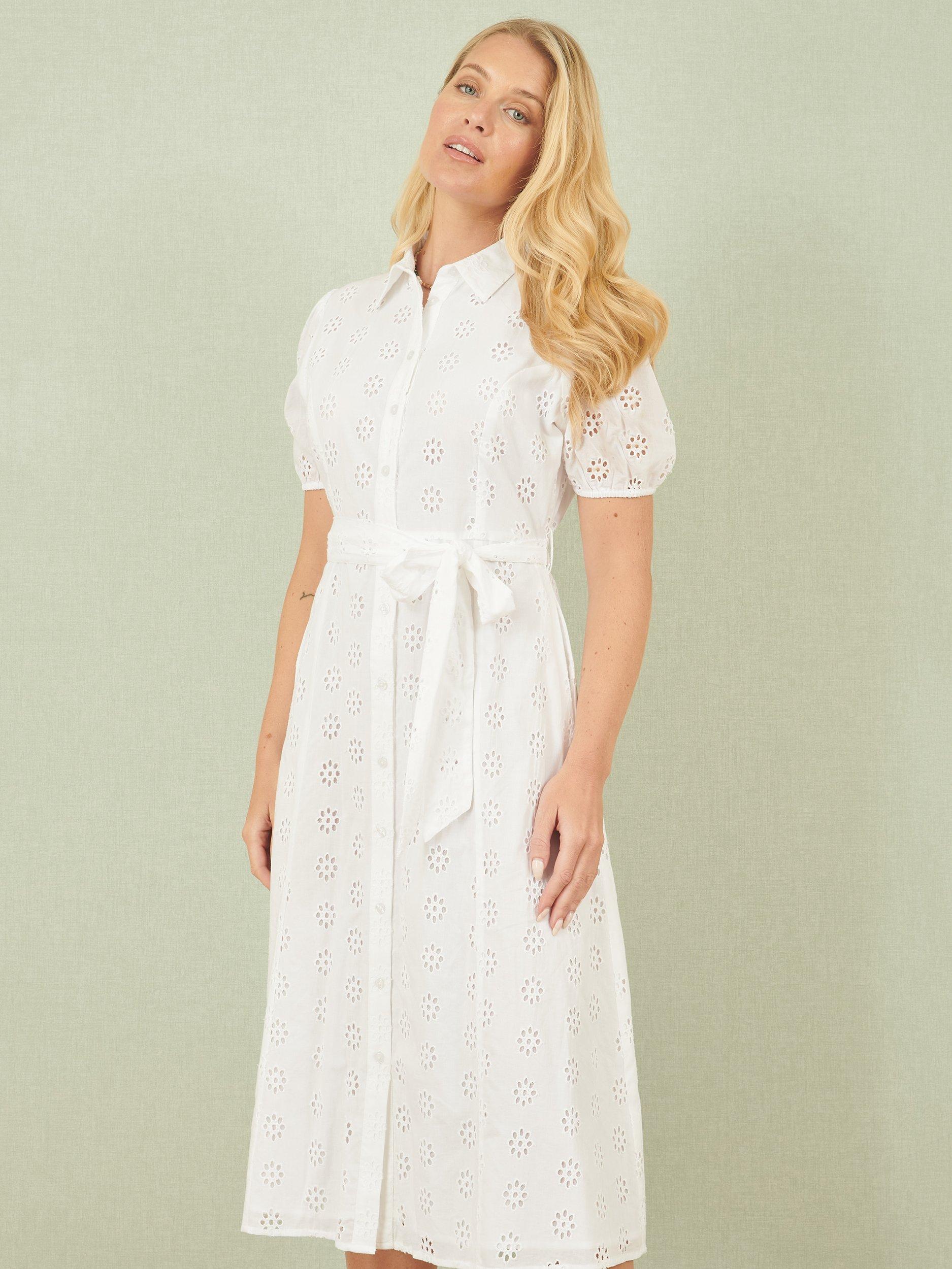 Product image 4 of 6, which shows Yumi Broderie Anglaise Shirt Dress, White, 8