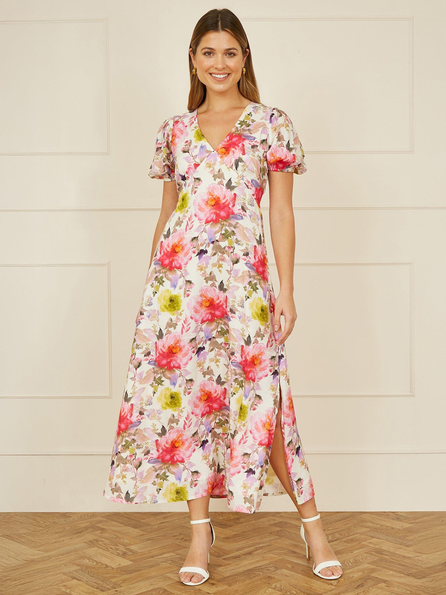Yumi Ivory Viscose Floral Print Midi Dress With Ruched Waist