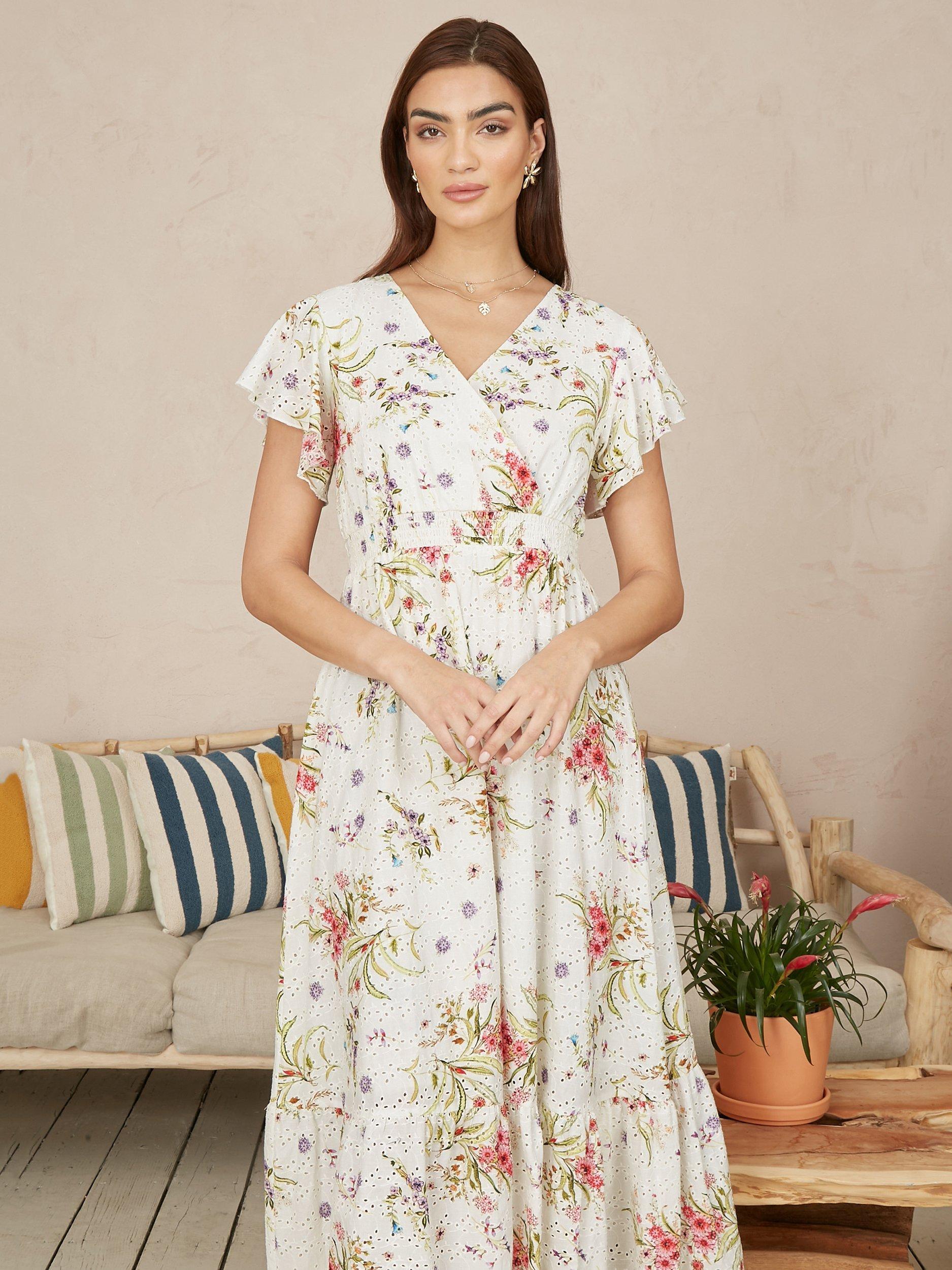 Product image 1 of 5, which shows Yumi Floral Broderie Anglaise Midi Dress, Ivory, 8