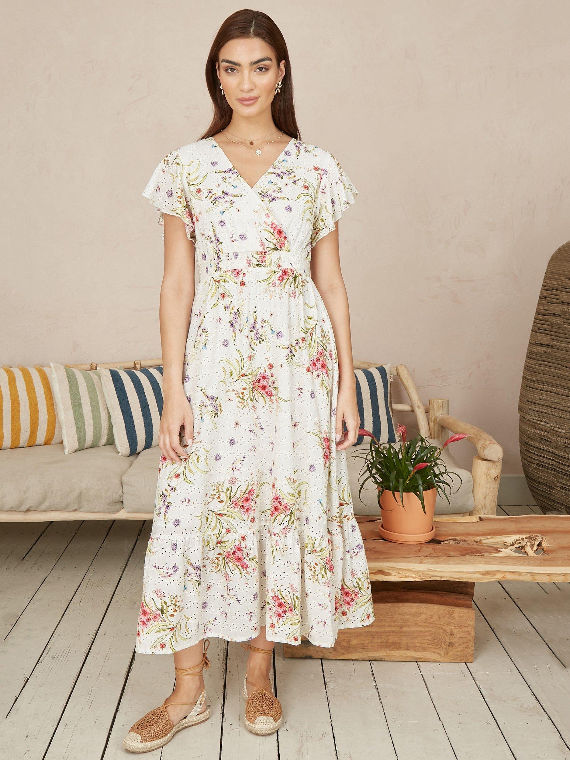 Product image 2 of 5, which shows Yumi Floral Broderie Anglaise Midi Dress, Ivory, 8