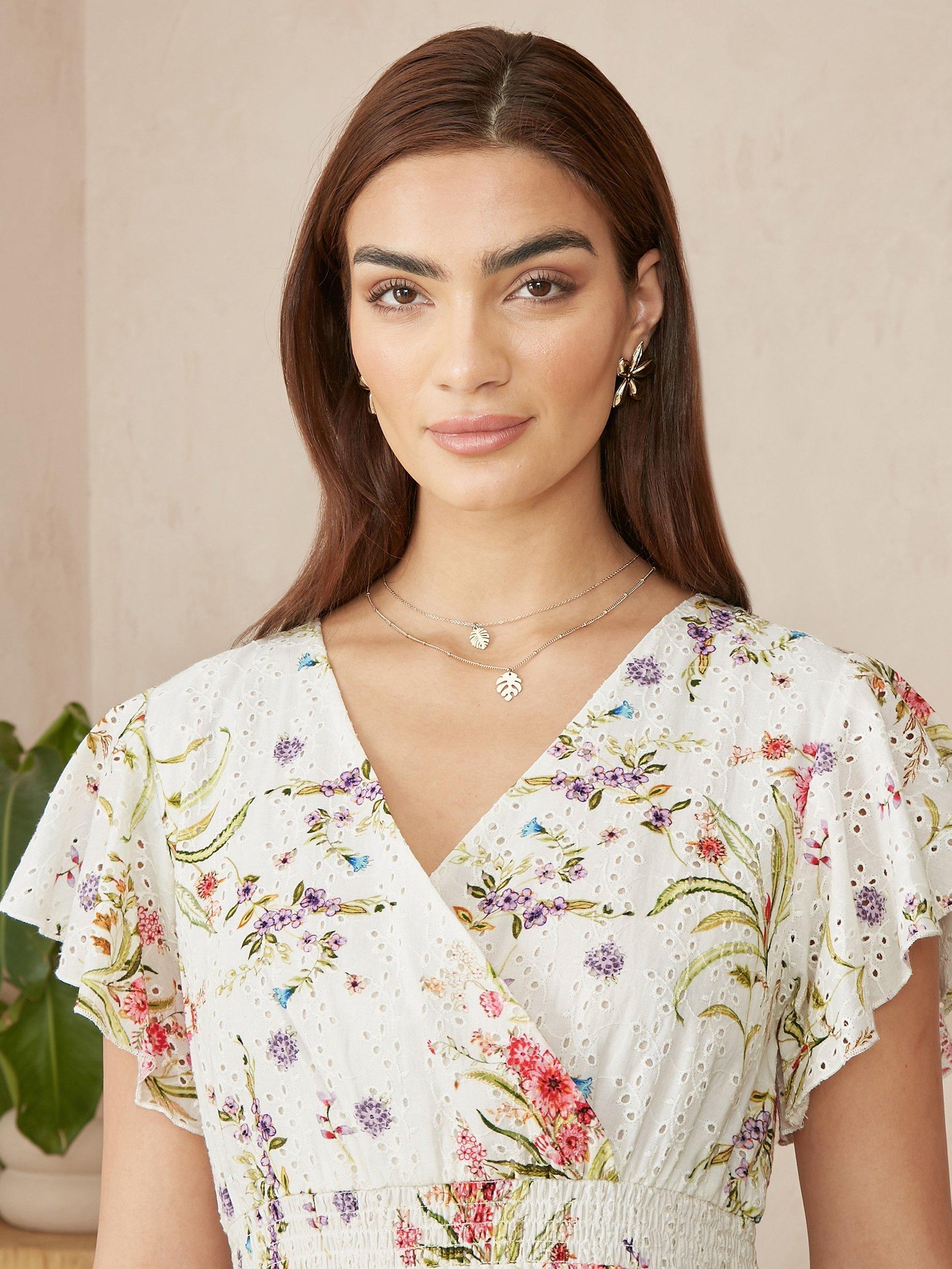 Product image 3 of 5, which shows Yumi Floral Broderie Anglaise Midi Dress, Ivory, 8