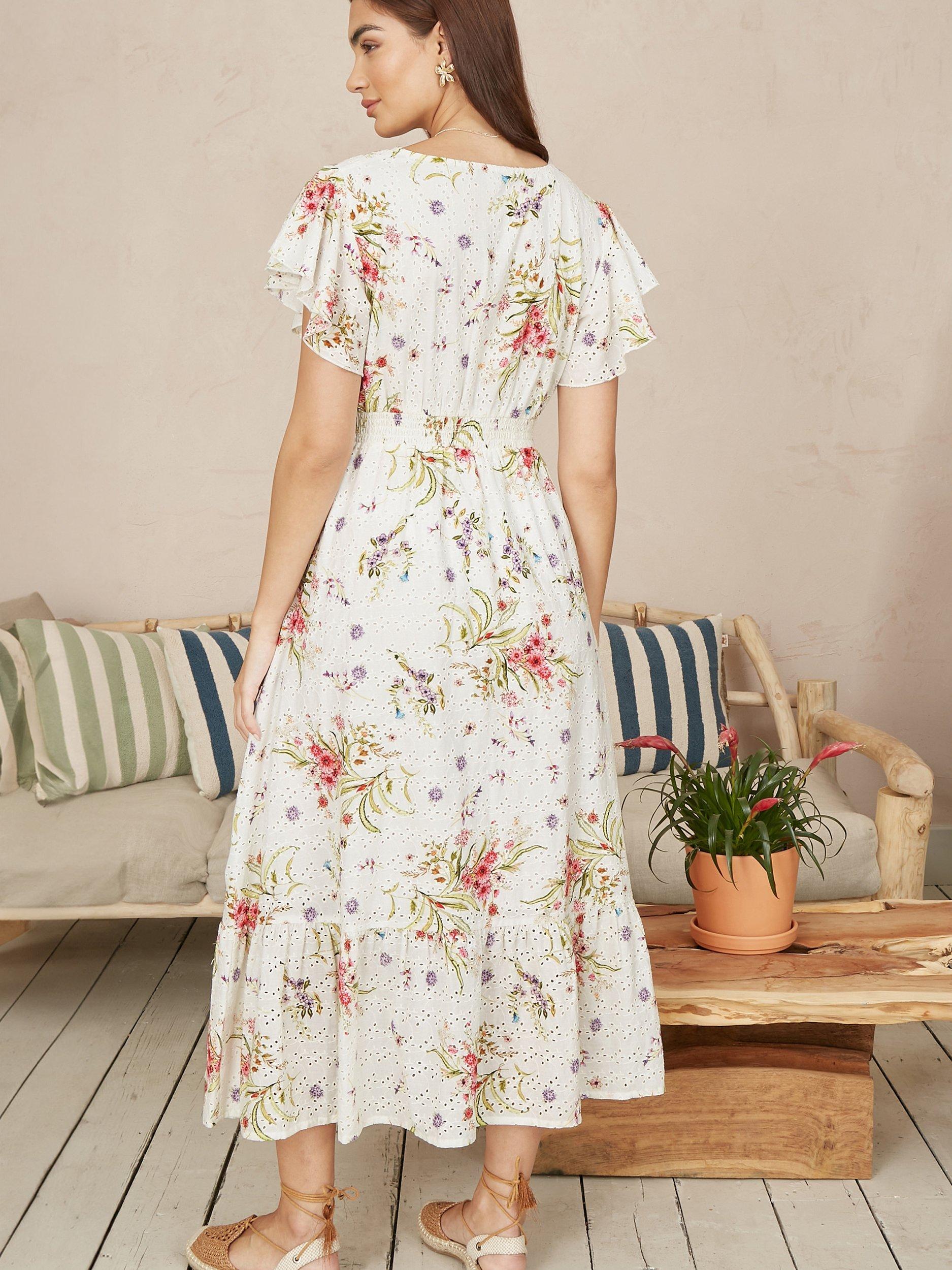 Product image 4 of 5, which shows Yumi Floral Broderie Anglaise Midi Dress, Ivory, 8