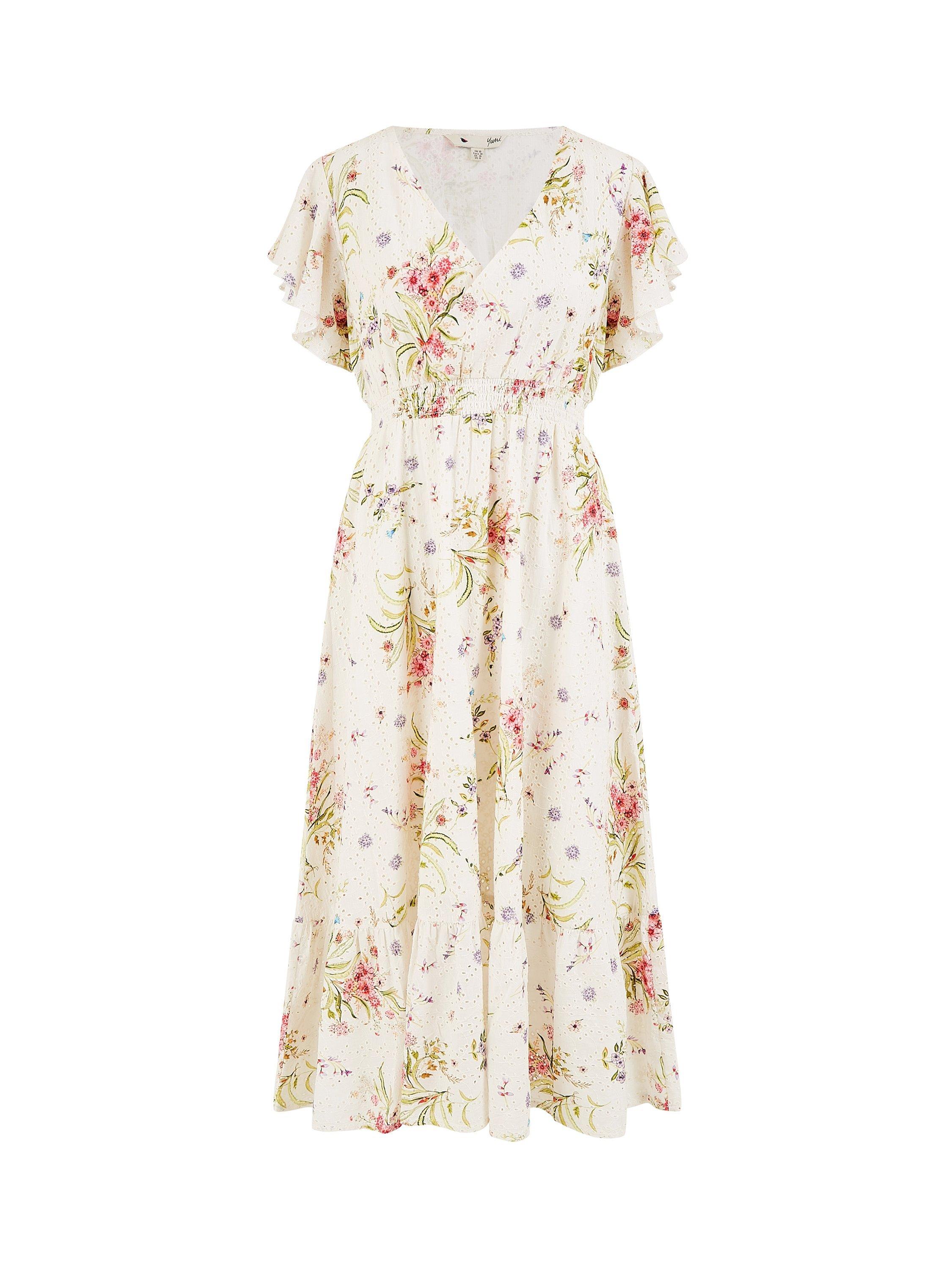 Product image 5 of 5, which shows Yumi Floral Broderie Anglaise Midi Dress, Ivory, 8