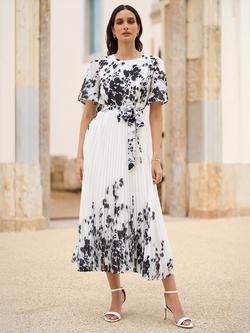 Yumi Mirrored Floral Pleated Dress, Black/White