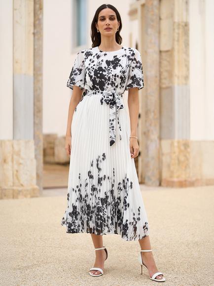 Yumi Mirrored Floral Pleated Dress, Black/White