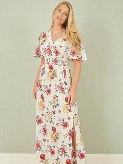Yumi Floral Flutter Sleeve Midi Dress, Ivory/Multi, Ivory/Multi