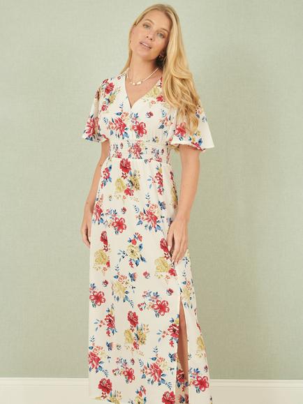 Yumi Floral Flutter Sleeve Midi Dress, Ivory/Multi, Ivory/Multi