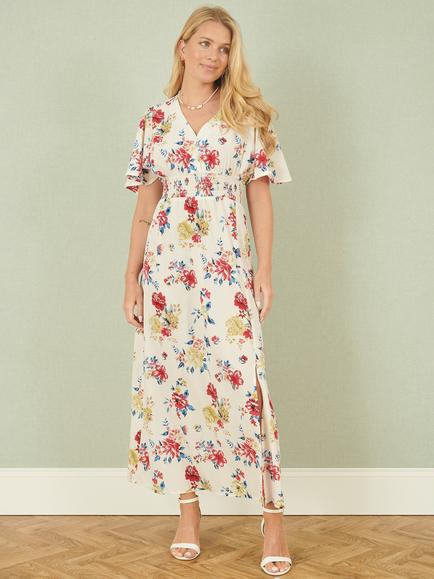 Yumi Floral Flutter Sleeve Midi Dress, Ivory/Multi - view 2, Ivory/Multi