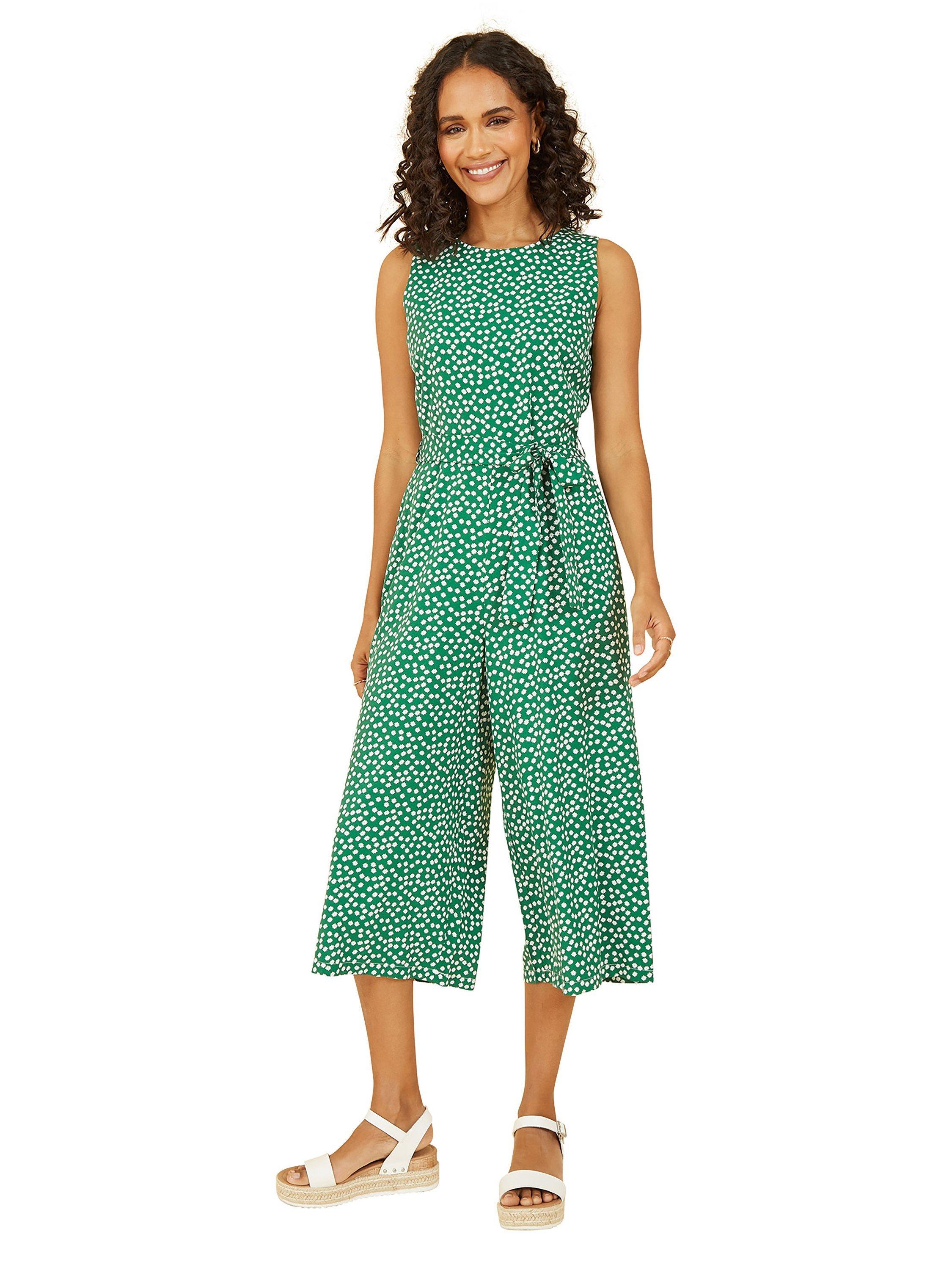 Product image 1 of 4, which shows Yumi Ditsy Daisy Sleeveless Culotte Jumpsuit, Green, 6