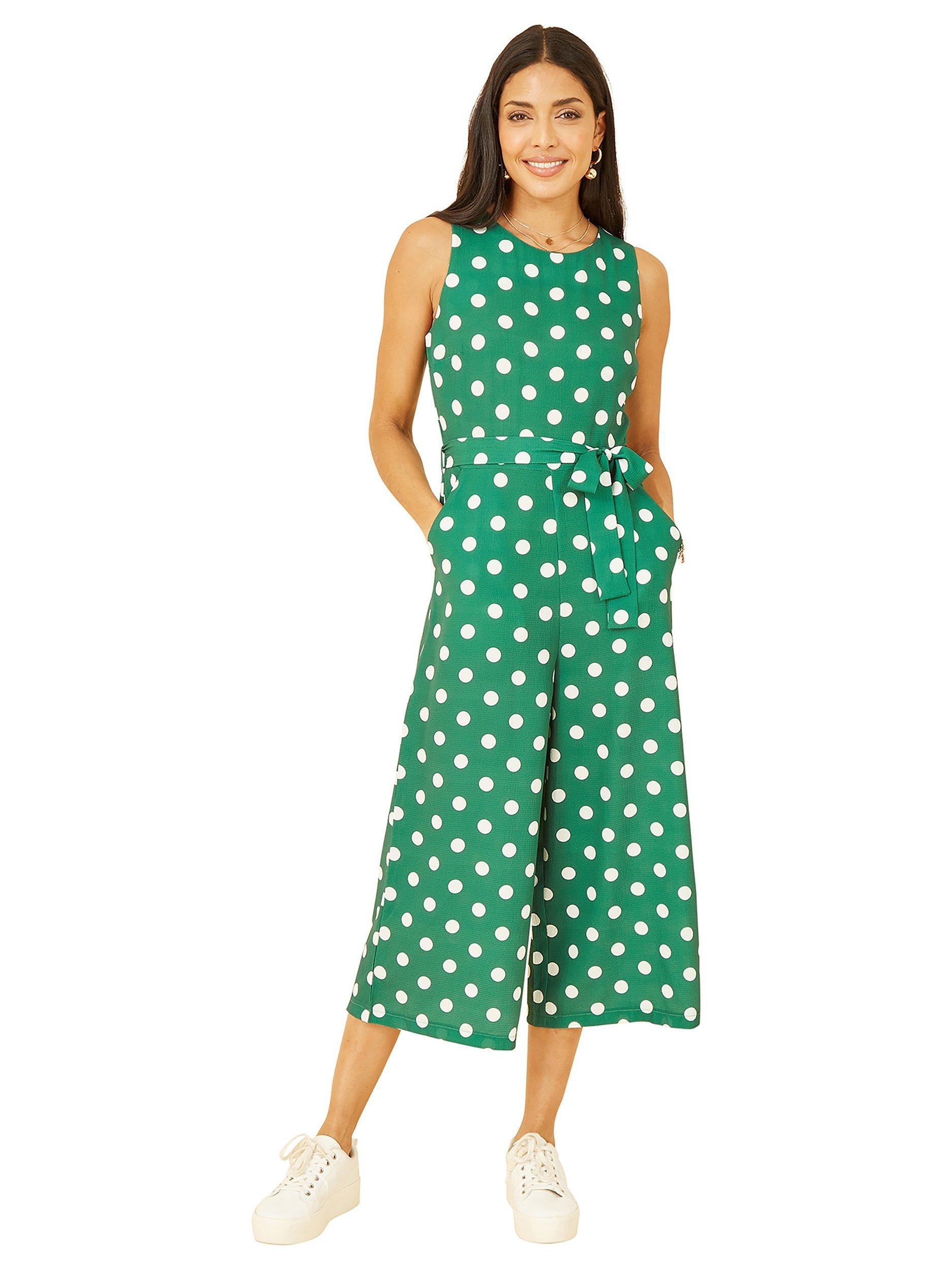 Product image 1 of 4, which shows Yumi Polka Dot Culotte Jumpsuit, Green, 8