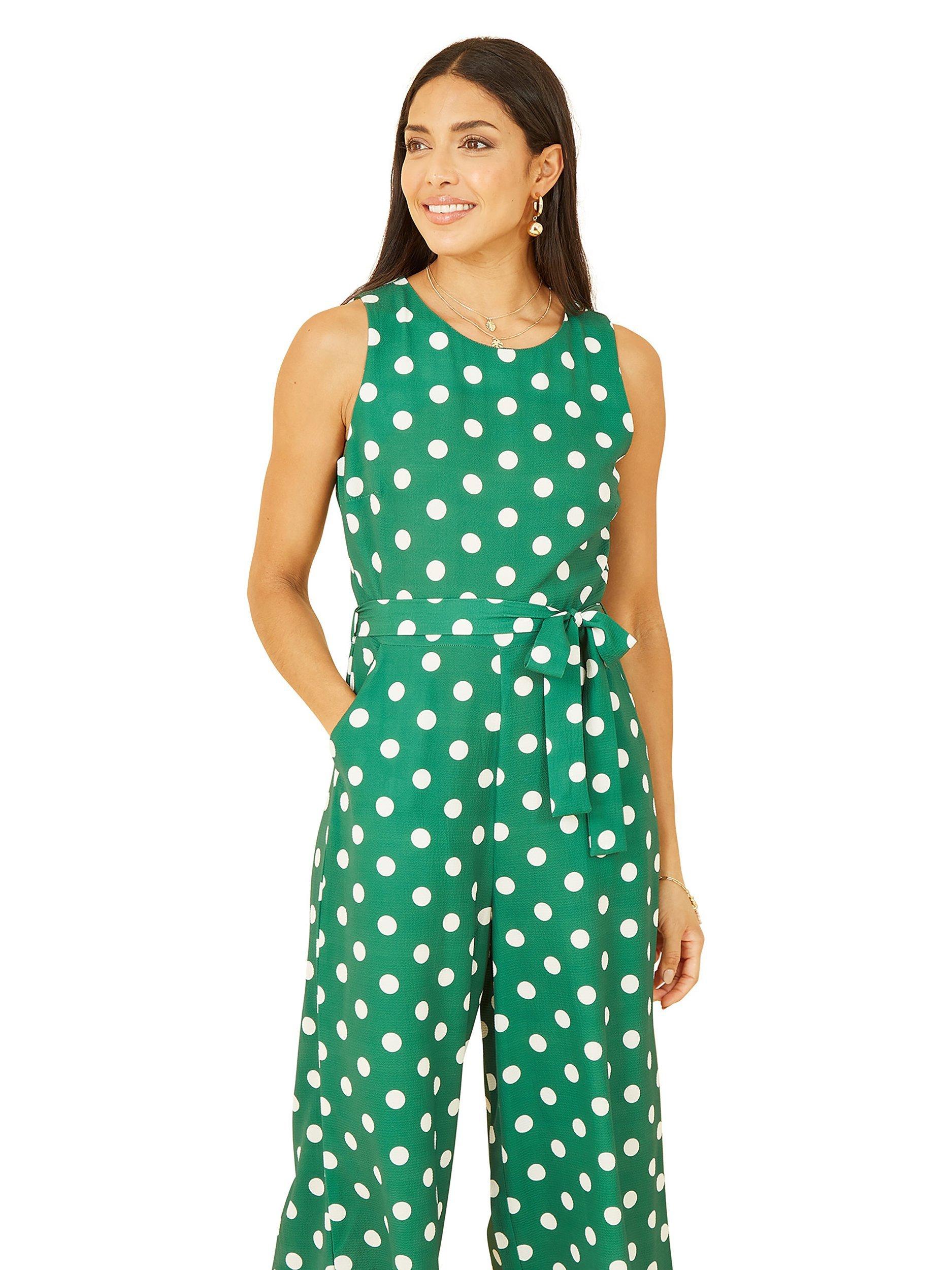 Product image 2 of 4, which shows Yumi Polka Dot Culotte Jumpsuit, Green, 8