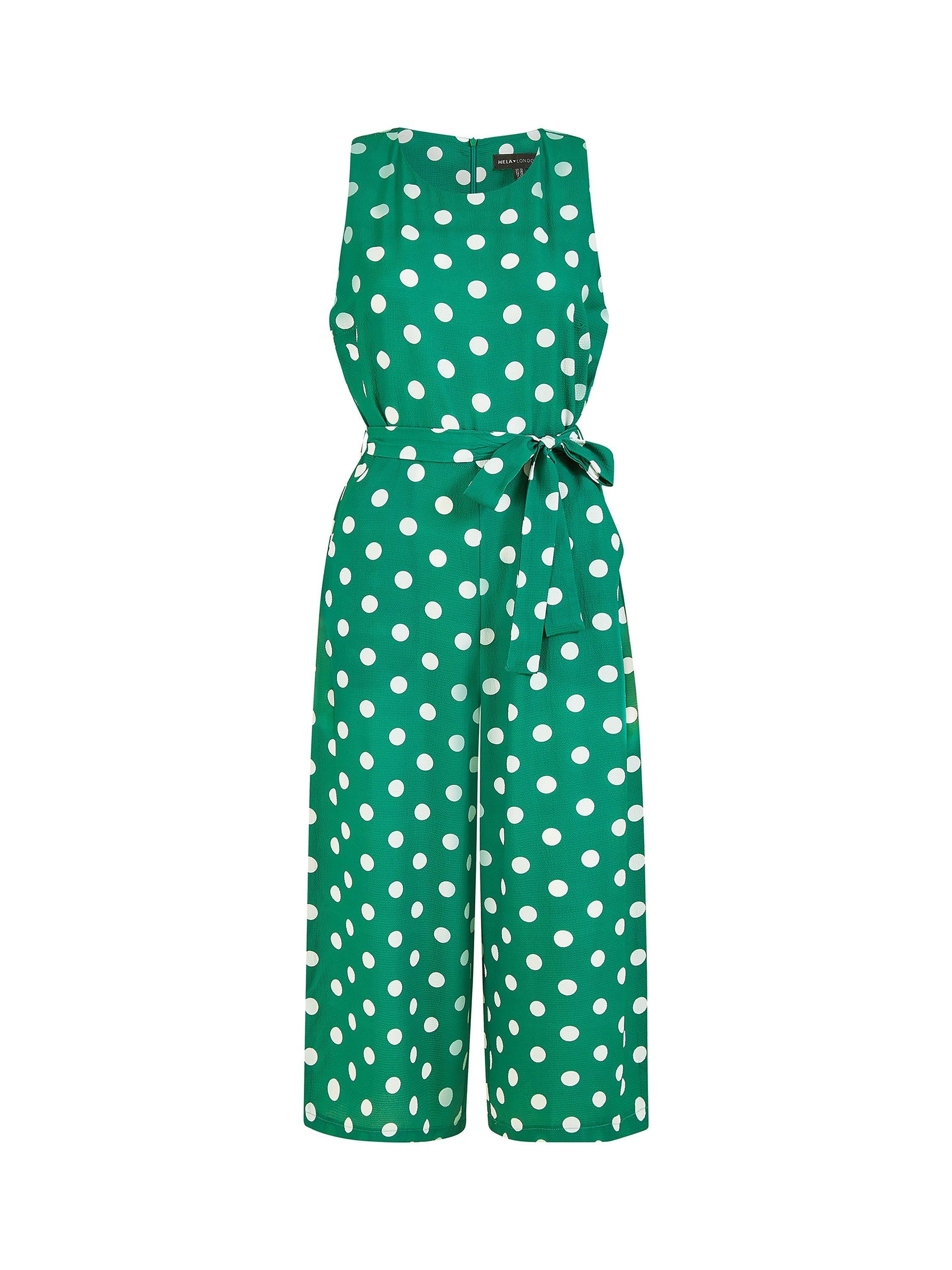 Product image 4 of 4, which shows Yumi Polka Dot Culotte Jumpsuit, Green, 8