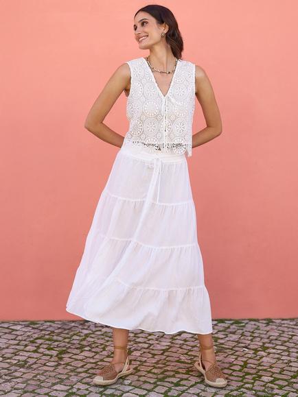Yumi Boho Tiered Midi Skirt, White