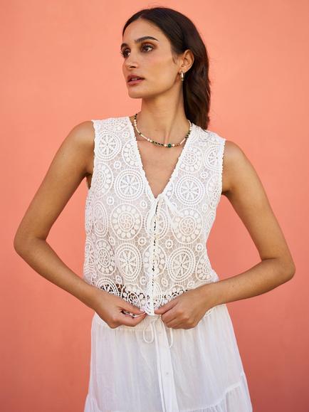 Yumi Crochet Lace Waistcoat, Ivory - view 2, Ivory